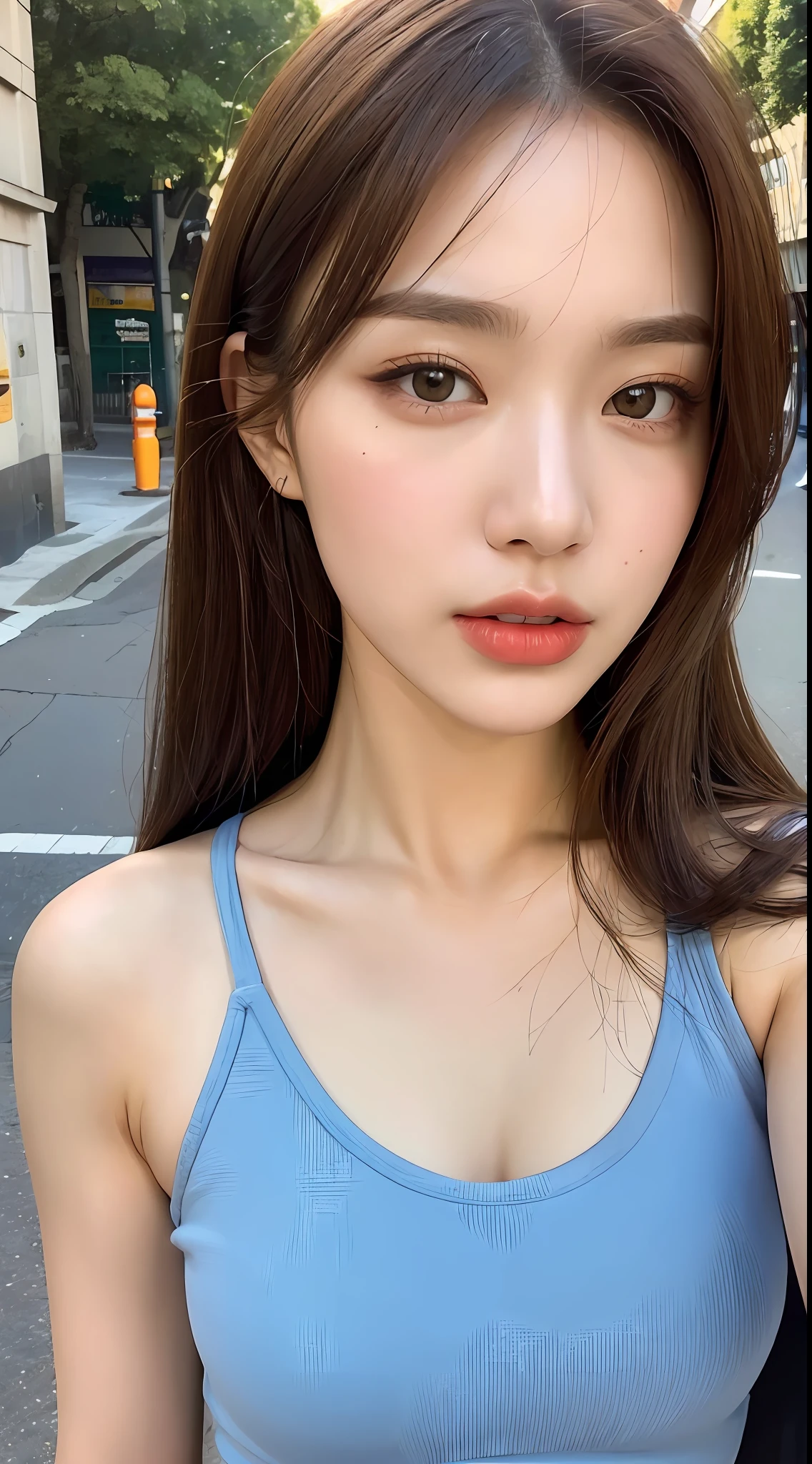 ((Best Quality, 8k, Masterpiece: 1.3)), Full Body, Focus Sharp: 1.2, Style Outstanding Beauty: 1.4, Slender Abs: 1.2, ((Brown Hair, Big: 1.2)), Tank Top Dress: 1.1, (Neon, Street: 1.1), Highly Detailed Face and Skin Texture, Detailed Eyes, Double Eyelids, Sexy