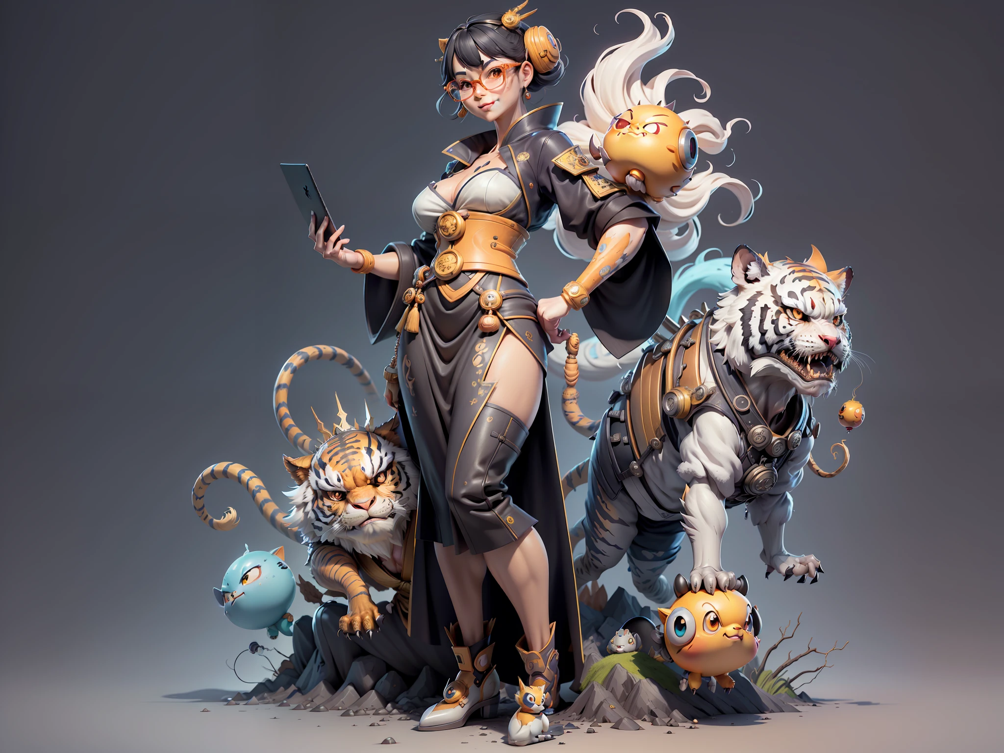 (Masterpiece), (Excellent), (Super Meticulous), (Full Body: 1.2), Super Young Woman, Japanese Geisha, Beauty, Chinese Dragon, Tiger, Wind God Thor, Sexy, Bursting, Oriental Face, TV Anchor, Bust Portrait Illustration, Alone, Black Suit, Blue Tie, Slightly Chubby, Very Clean Face, Silver Glasses, Black Super Short Hair, Black Eyes, Confident Smile, 3c Computer Sub-Products, iPad, iPhone, Digital Painting, 3D character design by Mark Clairedon and Pixar and Hayao Miyazaki and Akira Toriyama, the illustrations are HD illustrations in 4K resolution with highly detailed facial features and cartoon-style visuals.