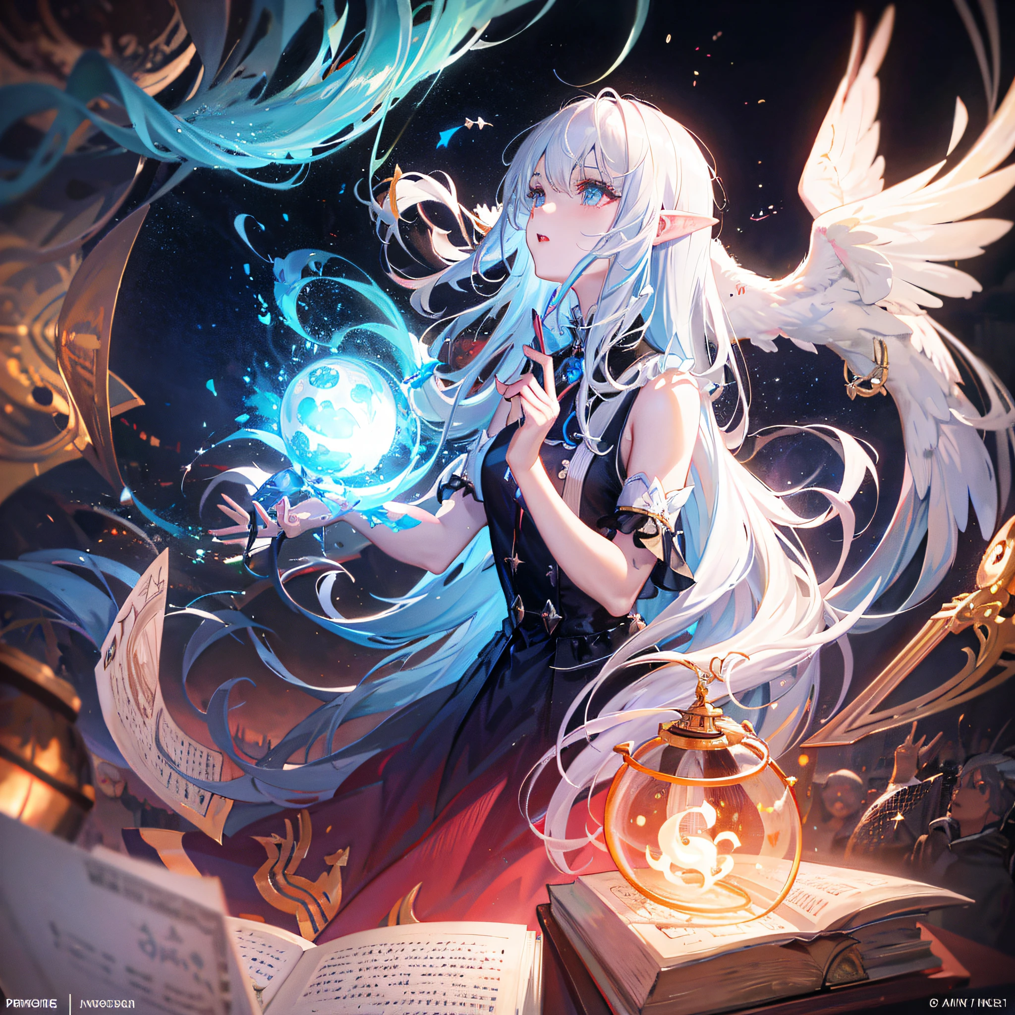anime girl with white hair holding a magic ball and a book, trending on artstation pixiv, beautiful celestial mage, artgerm on artstation pixiv, anime fantasy illustration, anime fantasy artwork, holy fire spell art, digital art on pixiv, guweiz on pixiv artstation, cushart krenz key art feminine, white haired deity