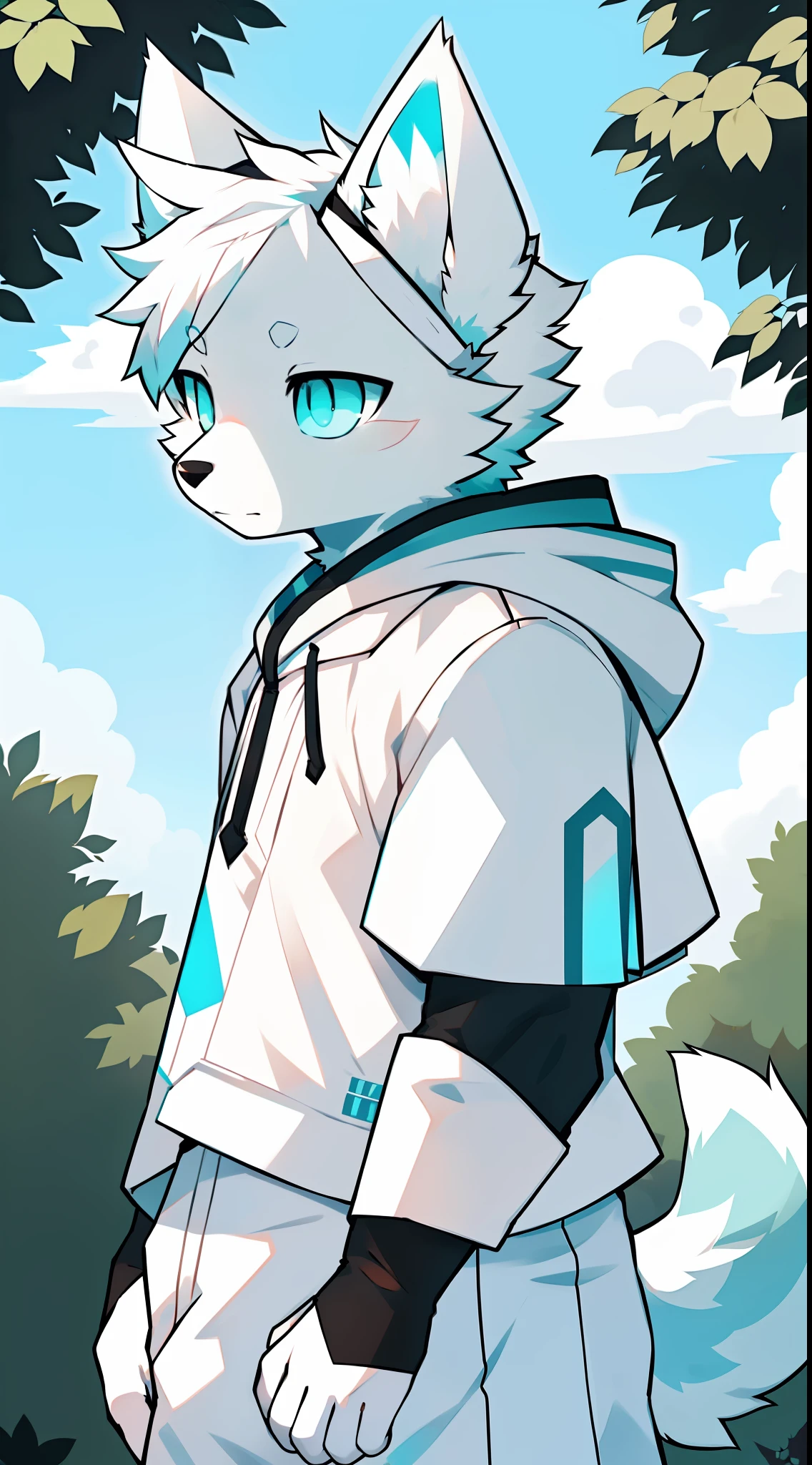 Samoyedskaya, human, furry, canine, (furry), (clear cyan eyes), white hair, white dog tail, (((black sleeves))), {white short sleeves with hood, no hat}, white cropped pants, outdoor,