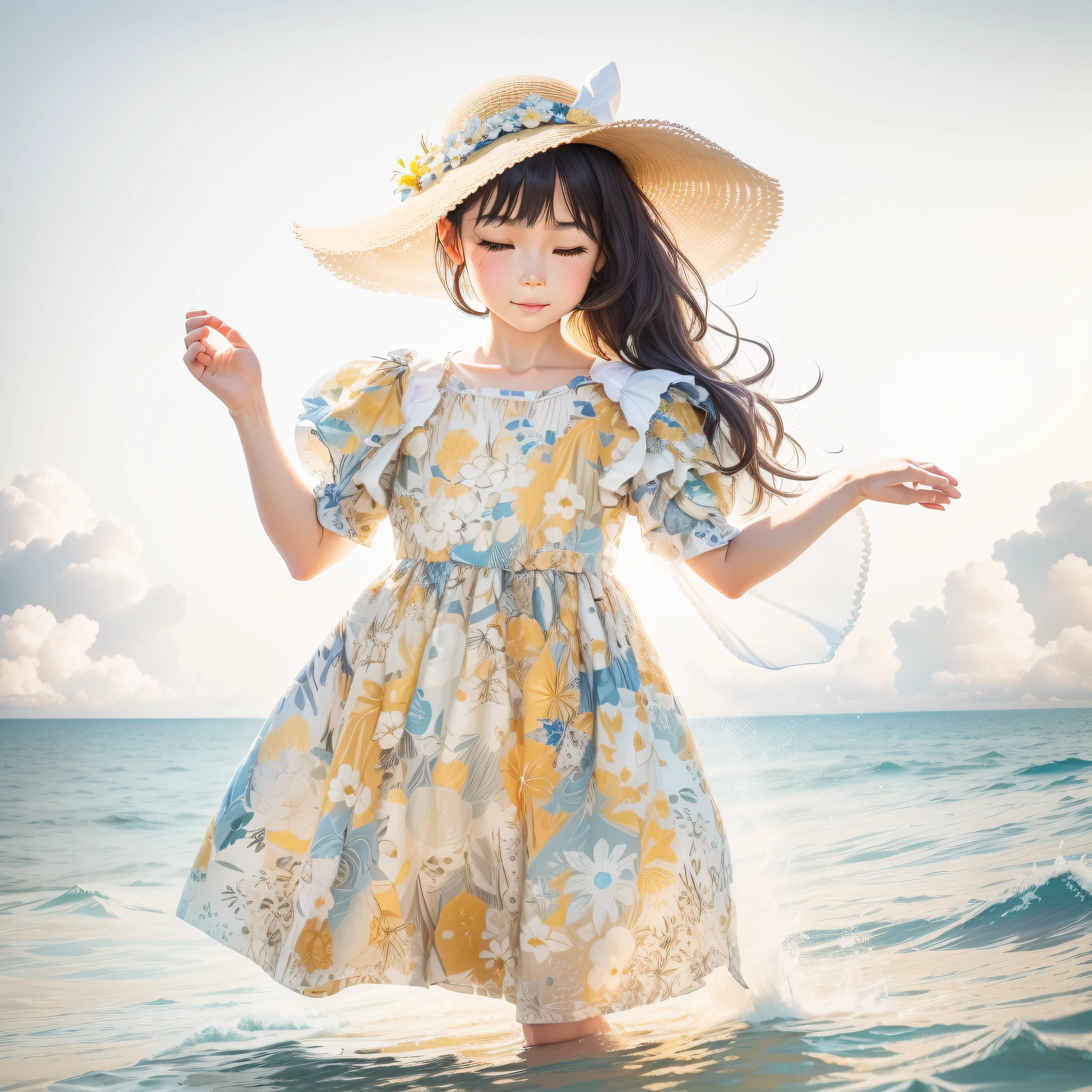 A 5--old l, a beautiful 5-year-olrean-sian mixed-race European girl, two braids, a little messy bangs, cute face, (perfect face: 1.1), white skin, (high detail skin: 1.2), calm smile, eyes closed: 1.2, dancing pose, soft light, golden sunlight, emitting a soft glow on the face. She wears a white floral dress in the style of oil painting: 1.5, (realistic photo, natural light) In the background, there is a peaceful sea, blue sky, petals flying, she dances by the sea. Sunlight, dappled sunlight, day, depth of field, soft lighting, gorgeous light and shadow, stunning environment, vivid colors. Novel Cover, Masterpiece, Highest Quality, (High Detail: 1.1), Ultra Detail, Digital Art, Studio Quality, Smooth Rendering, Unreal Engine 5 Rendering, Octane Rendering, 8K, 8K UHD, DSLR, High Quality, Photo, High Resolution, Bokeh, --auto --s2