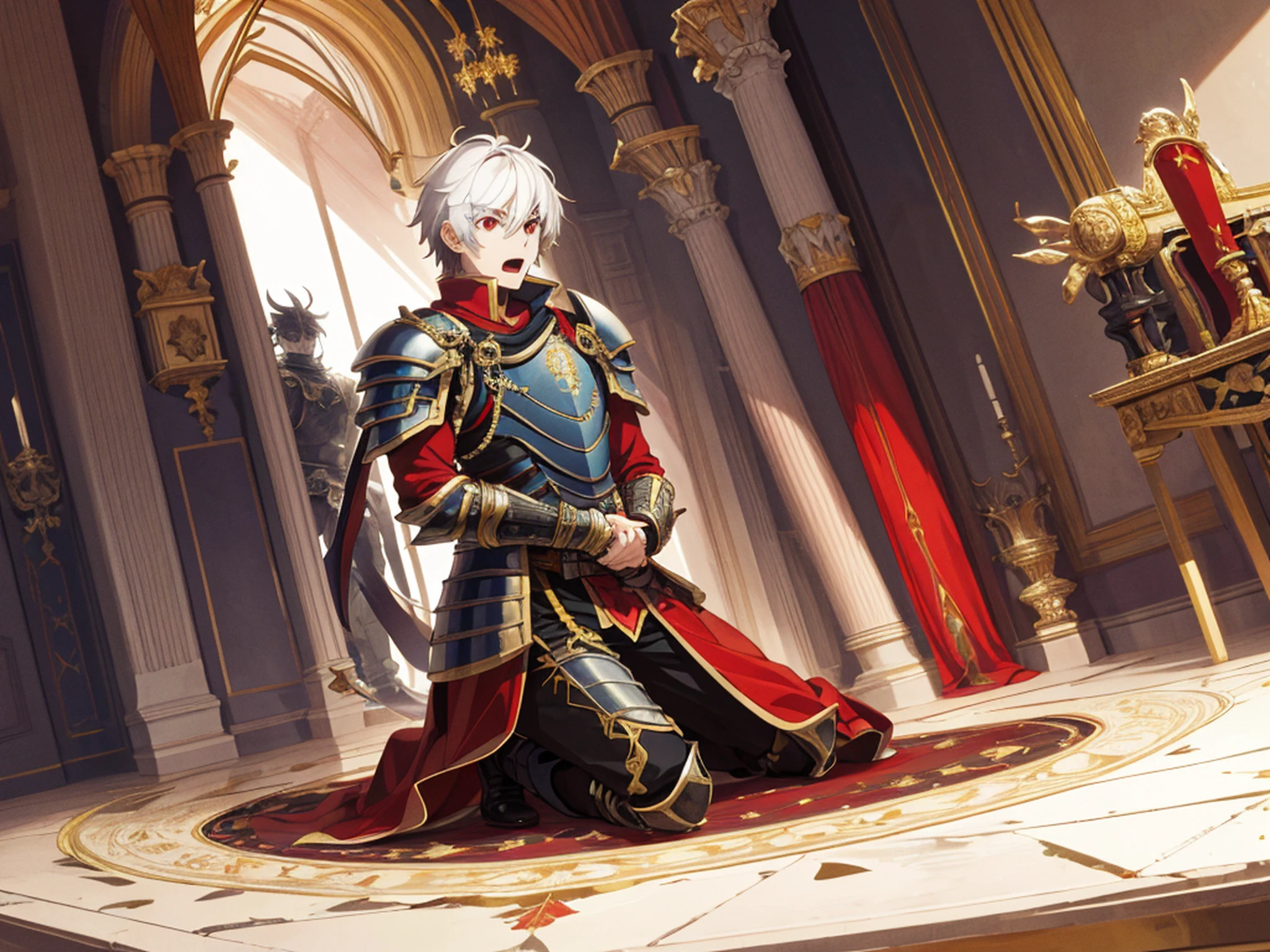 (absurd, high resolution, super detailed), (panorama), (1 male), adult, tall, in armor, red eyes, evil charm, short white back hair, in the palace, (surprised), open mouth, (kneeling on one knee), fear, sideways, ccurate, anime