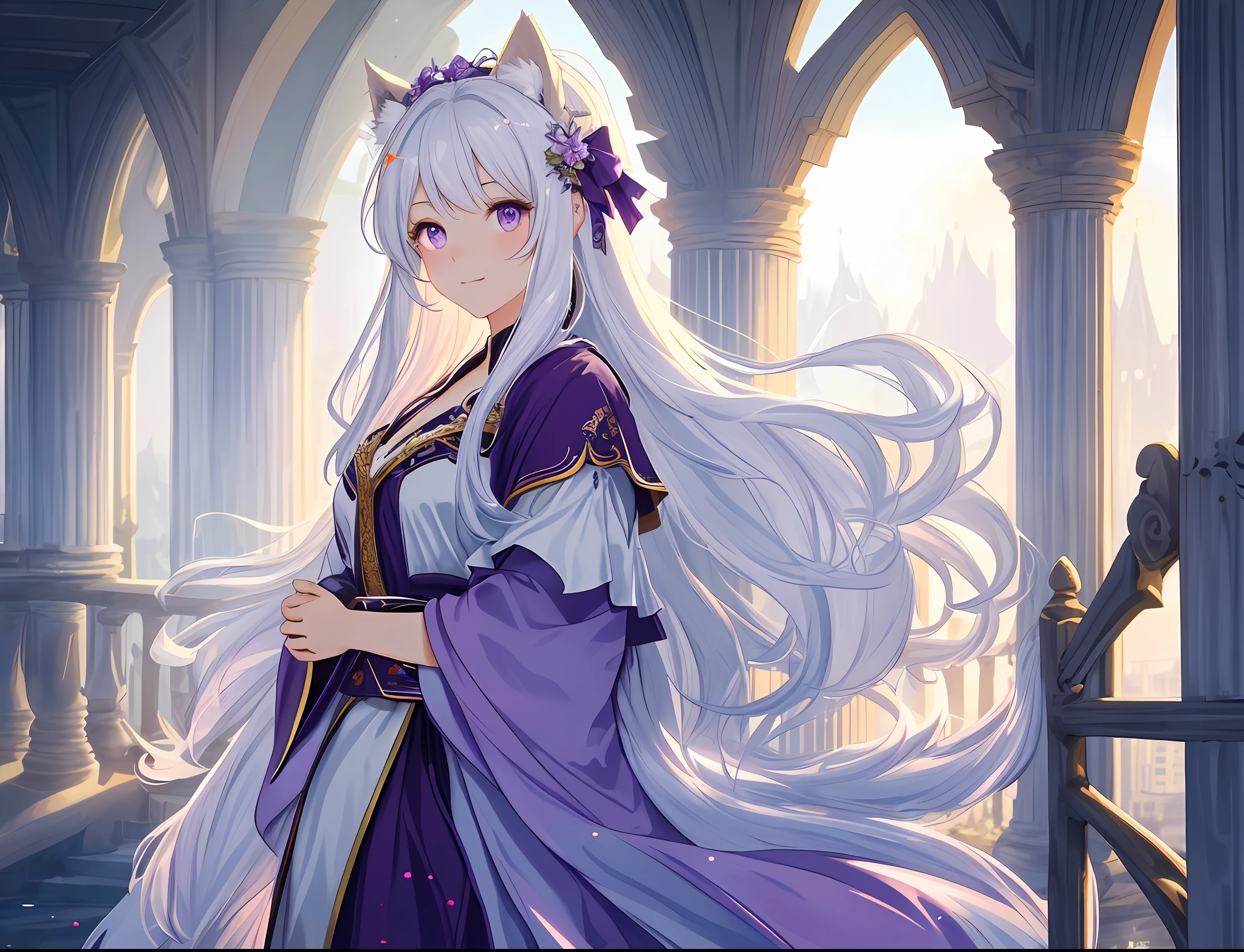 official art, Unity 8k wallpaper, super detailed, beautiful and beautiful, high quality, beautiful, masterpiece, masterpiece, best quality, 1 girl, mature face, mature woman, fluffy long hair, super loose casual imperial robe, clothes slipping off, front convex back up, straight chest, rosy complexion, bathing over, room, light smile, behind arm, nature, hair accessory, animal ears, bridge, water, masterpiece: 1.2, best quality), (fine beautiful eyes: 1.2), (very detailed CG Unity 8k wallpaper, masterpiece, best quality, hyper detail, best shadow), (detailed background), (beautiful detail face, beautiful detail eyes), high contrast, (best lighting, extremely delicate and beautiful), 1girl, (color paint splashed on transparent background, Dulux,)), dynamic angle, beautiful details glowing out, full body, cowboy lens, white hair, purple eyes, kiss knight, (kiss), hug, romance, love, fantasy, castle