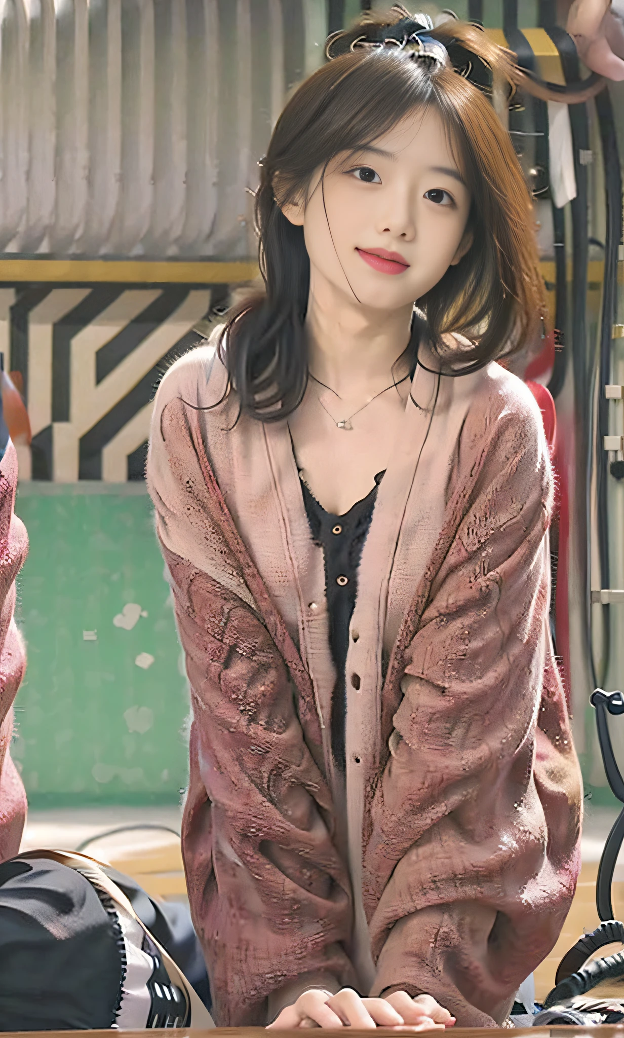 (Ultra High Detail Glossy RAW Photo, photorealistic: 1.25, detailed beauty face and skin texture, beautiful double eyelids, long shawl hair, lip gloss, amazing eyelashes, glossy skin, perfect depth of field, light and shadow color art, wide light source, natural shadow, full body Kpop idol), gaze at the viewer, convey the serenity and happiness of the goddess (full body), boldly show beautiful legs", sitting on a chair, close-up