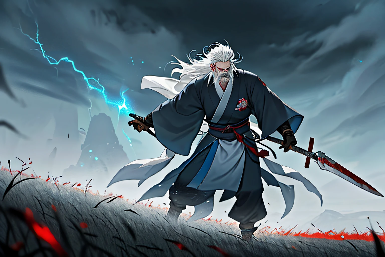 The soul of the blood demon, wrapped around him. Forming a shield, he is an old man with white hair and beard, wearing a blue kimono, black Chinese Hanfu and a white cloak, and he fights his grandson Genichiro Ashina for the first time. The fields were littered with blood and the bodies of soldiers killed in battle. The sky was dark, stormy, and occasionally lightning.