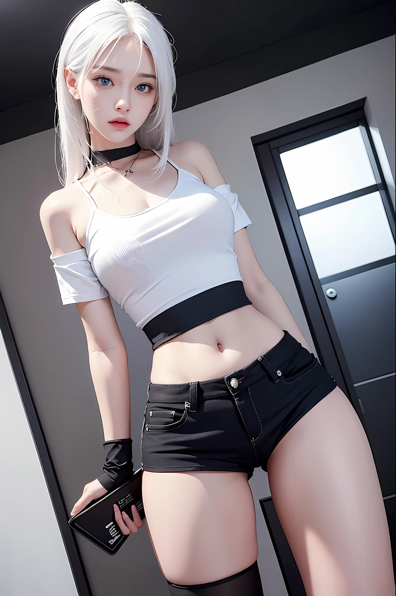 photorealistic, high resolution, 1 girl, white hair, korean, blue eyes, white shirt, skimpy tight black shorts, thick thighs