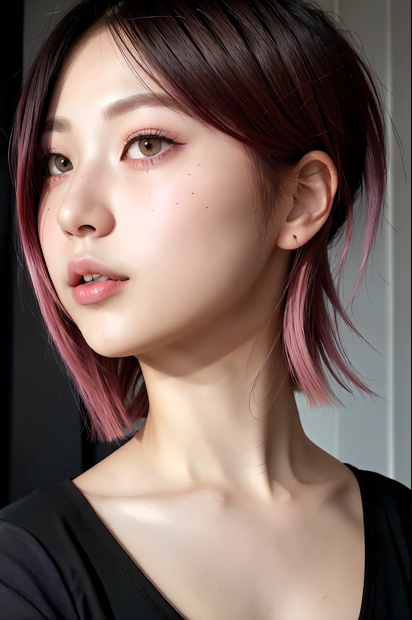 masterpiece, Best quality, Ultra detail, 8K RAW photos, Cinematic lights, Detailed shadows, RAW, (Detail skin), (Real:1.2), 1 girl, Japan girls, Double big beautiful eyes, Face, 18 years old, asymmetrical short hair, black hair, (pink gradient hair), Forward bob cut, Dark brown eyes, Attractive smile