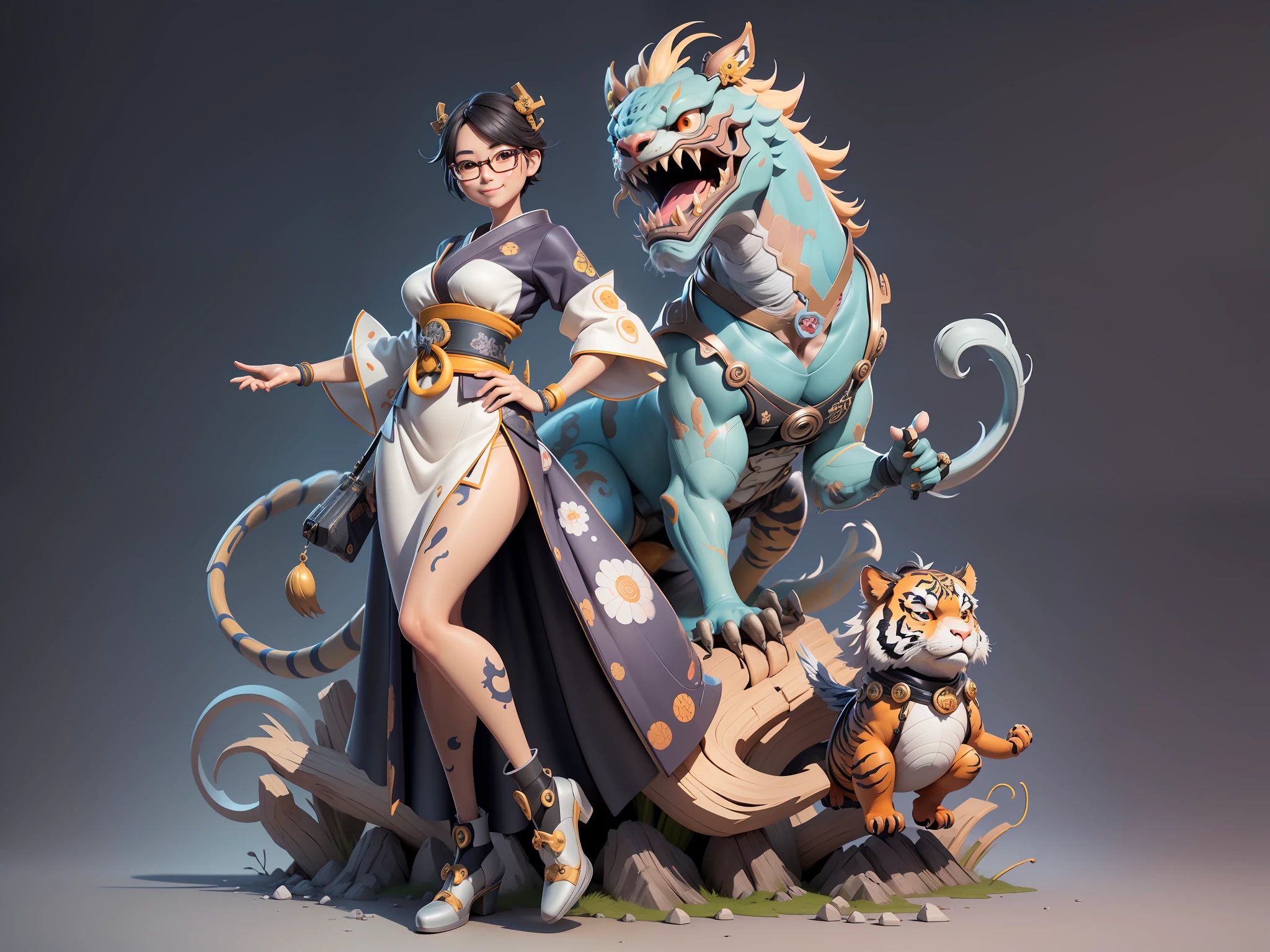 (Masterpiece), (Excellent), (Super Meticulous), (Full Body: 1.2), Super Young Woman, Japanese Geisha, Beauty, Chinese Dragon, Tiger, Wind God Thor, Sexy, Bursting, Oriental Face, TV Anchor, Bust Portrait Illustration, Alone, Black Suit, Blue Tie, Slightly Chubby, Very Clean Face, Silver Glasses, Black Super Short Hair, Black Eyes, Confident Smile, 3c Computer Sub-Products, iPad, iPhone, Digital Painting, 3D character design by Mark Clairedon and Pixar and Hayao Miyazaki and Akira Toriyama, the illustrations are HD illustrations in 4K resolution with highly detailed facial features and cartoon-style visuals.