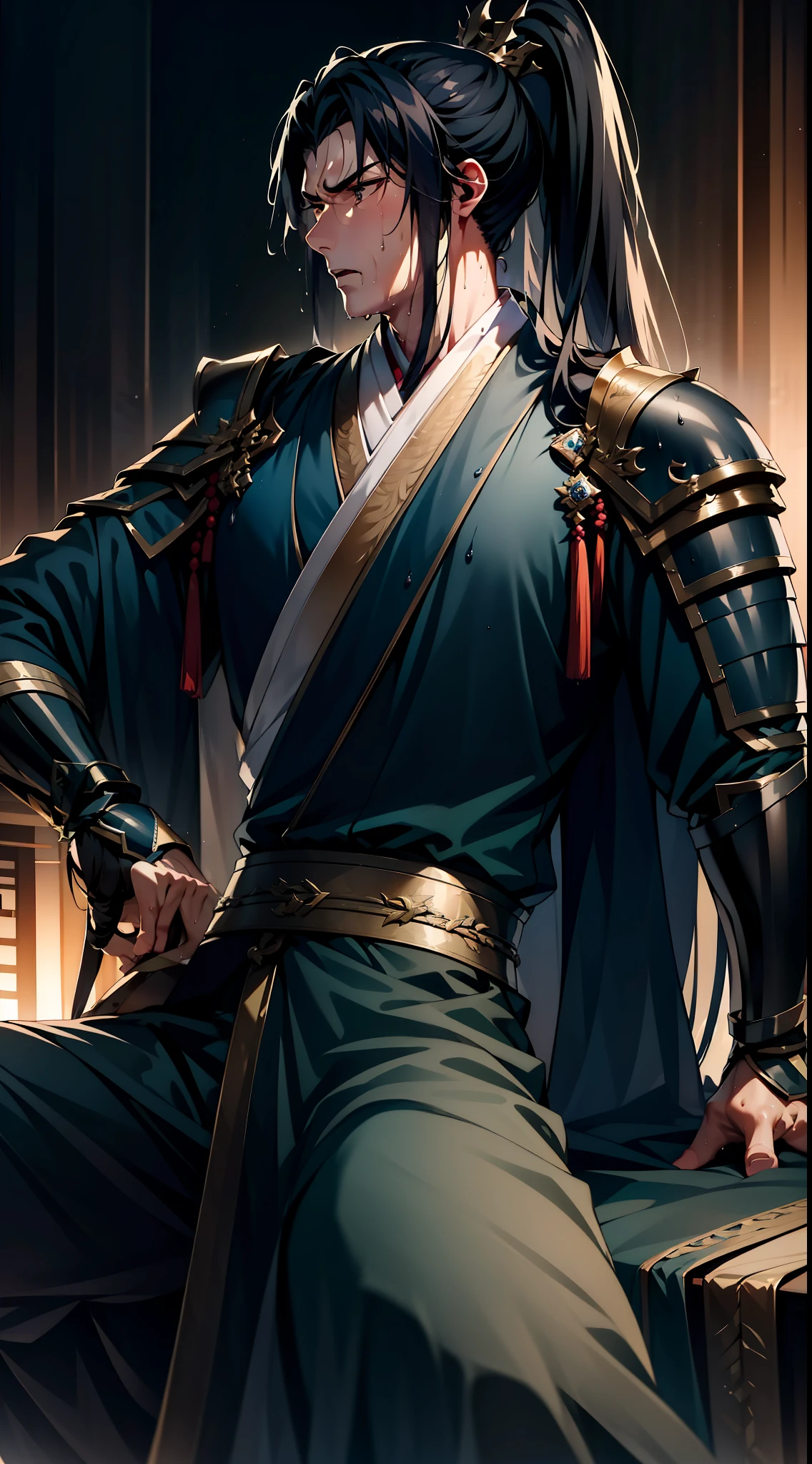 Two-dimensional, anime style, man (male warrior), muscle, correct proportions, face details, martial arts, high ponytail hairstyle, sweating, sweaty face, drooling, neck details, with Adam's apple, wet, wet, Hanfu costume, long robe, embroidered robe, dragon robe, clothing details, collar, long sleeves, game quality, swordsman demeanor, light and shadow tracing, ray tracing, detail glow, CG rendering, hair details, long black hair, golden eyes, sweaty face, handsome, handsome, sweat beads slipping down the neck, (juvenile feeling), complex clothing, wet, wet, perfect composition, refinement, high quality, more details, a lot of details, complex background, atmosphere,