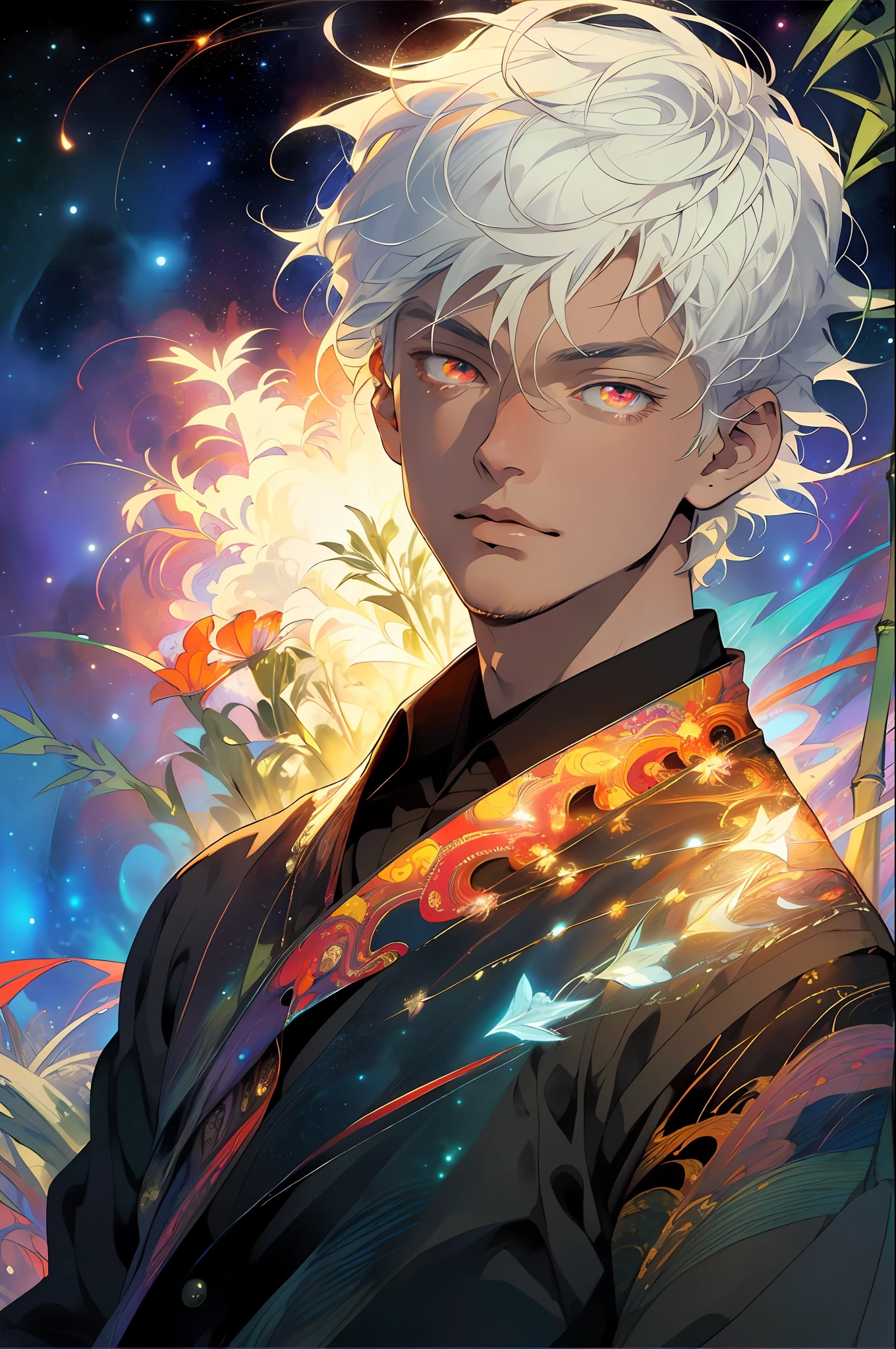 Realistic, (Masterpiece, Top Quality, Best Quality, Official Art, Beauty and Aesthetics: 1.2), Very Detailed, Fractal Art, Colorful, Most Detailed, Zentangle, (Abstract Background: 1.5) (1boy: 1.3), God, White Hair, Short Hair, (Glowing Red Eyes), Mysterious, (Magic), Ice, Handsome Man, Egyptian Style