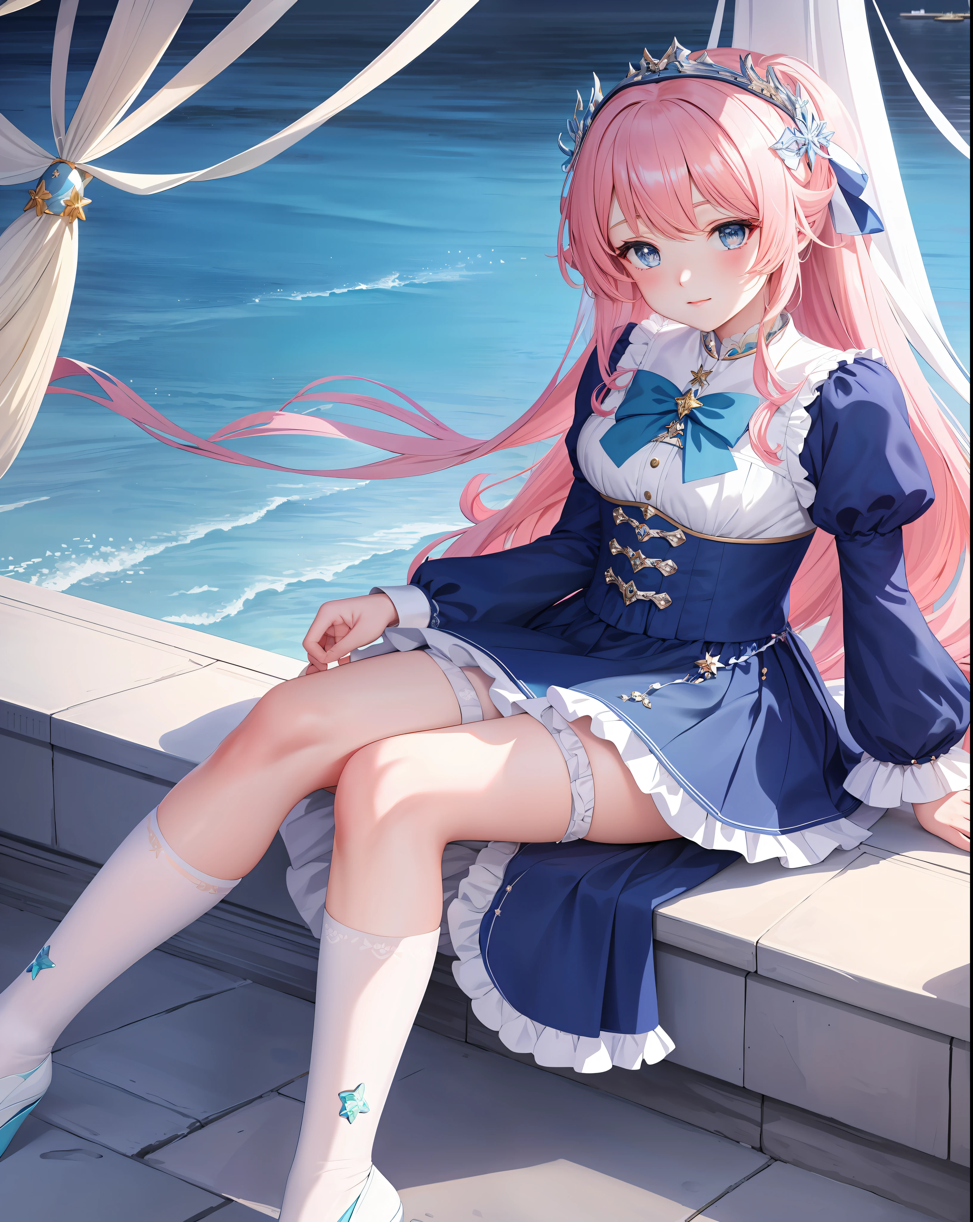 Anime girl in blue dress sitting on a boat with stars on her head, goddess of the sea, goddess of the anime, goddess of the sea, (((beautiful fantasy queen)), blue ocean, cute anime waifu in beautiful clothes, white socks, long socks, stockings, pink shoes, ta shoes, pattern, bow, wallpaper anime blue water, popular on ArtStation pixiv, beautiful girl, beautiful fantasy queen, beautiful fantasy anime, beautiful anime woman