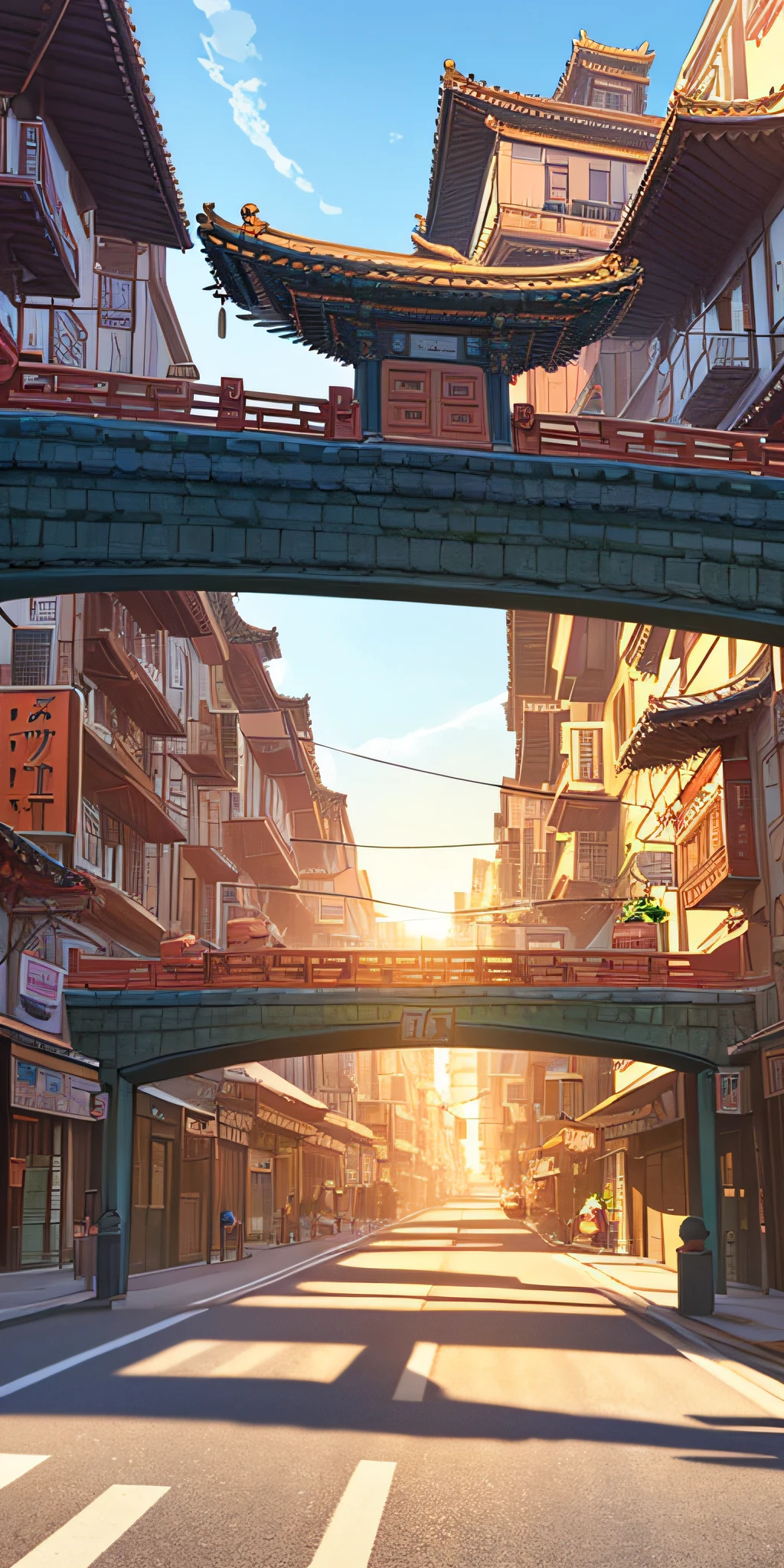 masterpiece, top quality, (highly detailed cg unity 8k wallpaper) (highest quality), (best illustration), (best shadow) super detailed ,empty chinatown, (wide road), blue sky, extre meiy longhot,