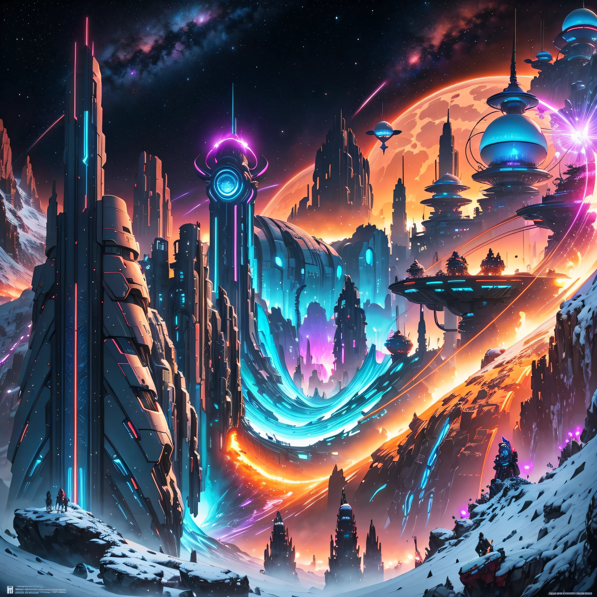 Create an intricately detailed artwork of a futuristic colony on a distant planet, featuring a towering city made entirely out of light, suspended in mid-air. The scene should showcase a bustling marketplace below, with traders and vendors selling exotic wares from different worlds. The colony should be located in a crater surrounded by jagged rocks and glowing neon vegetation. The style should be a blend of Art Deco and cyber-art, with a warm yet dark color palette. The artwork should create a sense of awe and wonder, showcasing the possibilities of humanity's progression throughout the universe. --auto --s2