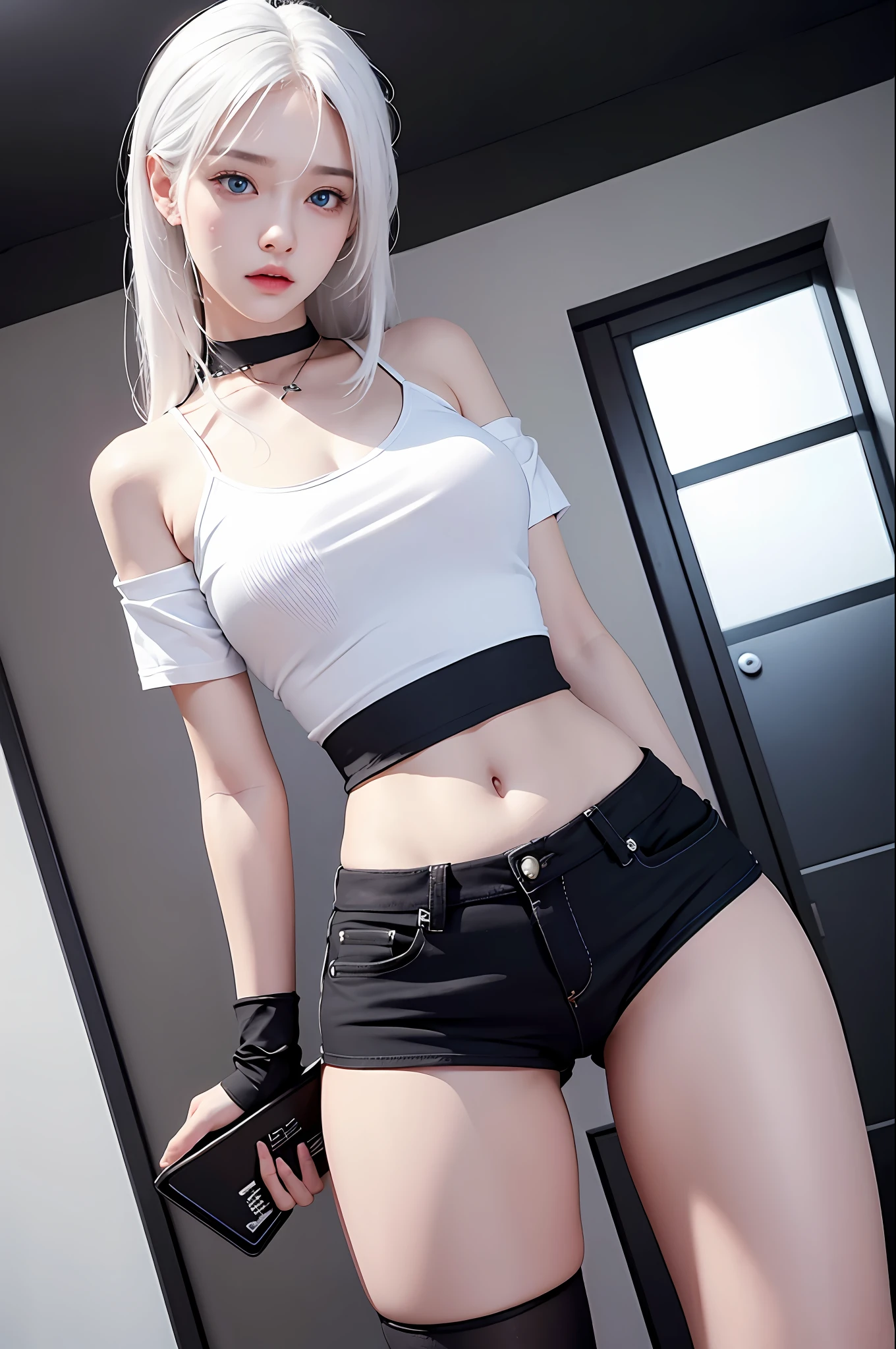 photorealistic, high resolution, 1 girl, white hair, korean, blue eyes, white shirt, skimpy tight black shorts, thick thighs