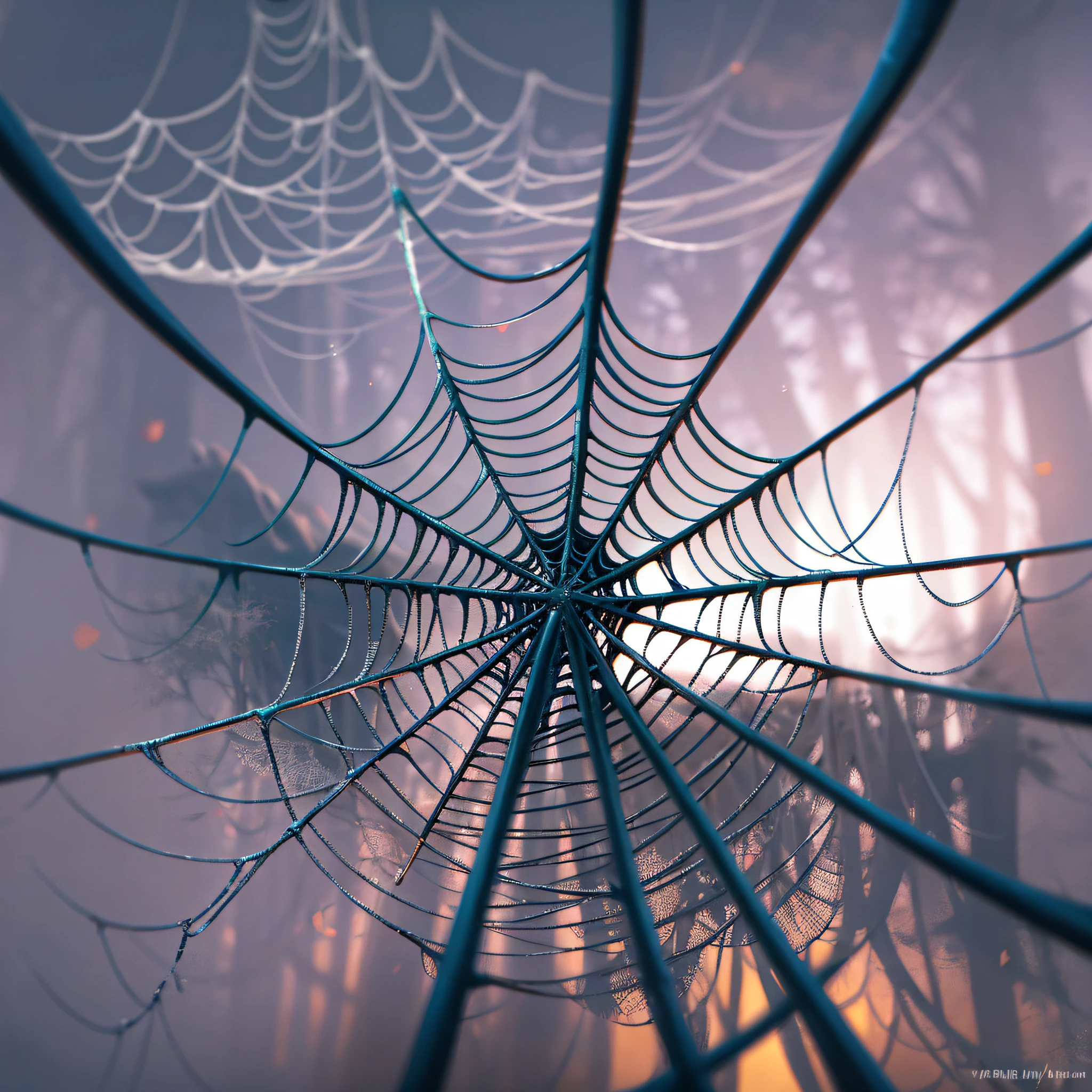 Using an upward angle, capture the intricate details of a spider's web on a misty morning. The web should be in the foreground, with blurred natural elements such as trees in the background. Try to use a contrasting depth of field to bring the web into sharp relief. --auto --s2