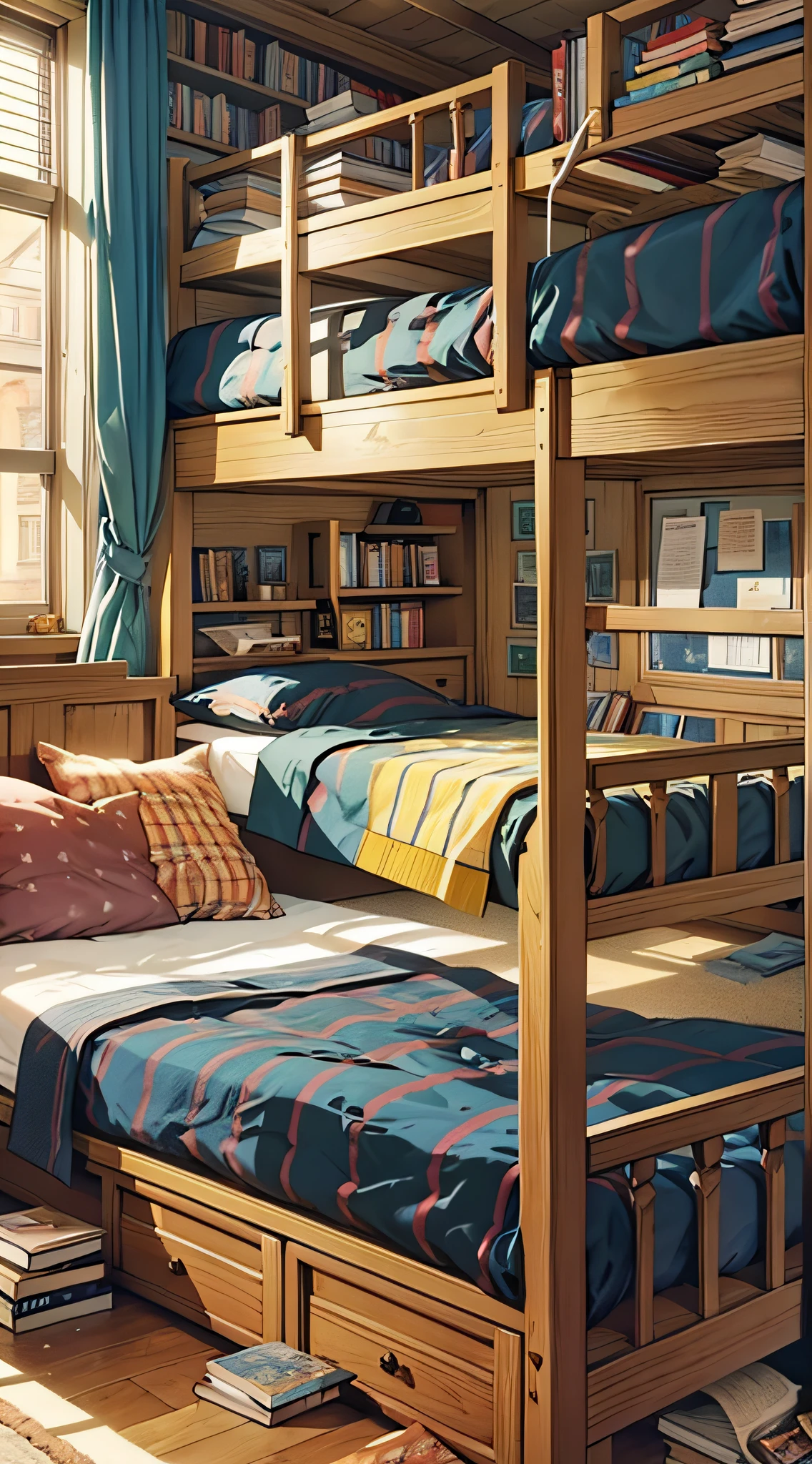 Bed, many beds, bunk beds, triple beds, many beds, a lot of clutter on the table, HD, very beautiful, very warm, with a sense of atmosphere, there is sunshine, books, books, books, beds, tables, computers, magazines, plants, posters, sundries, HD --auto --s2