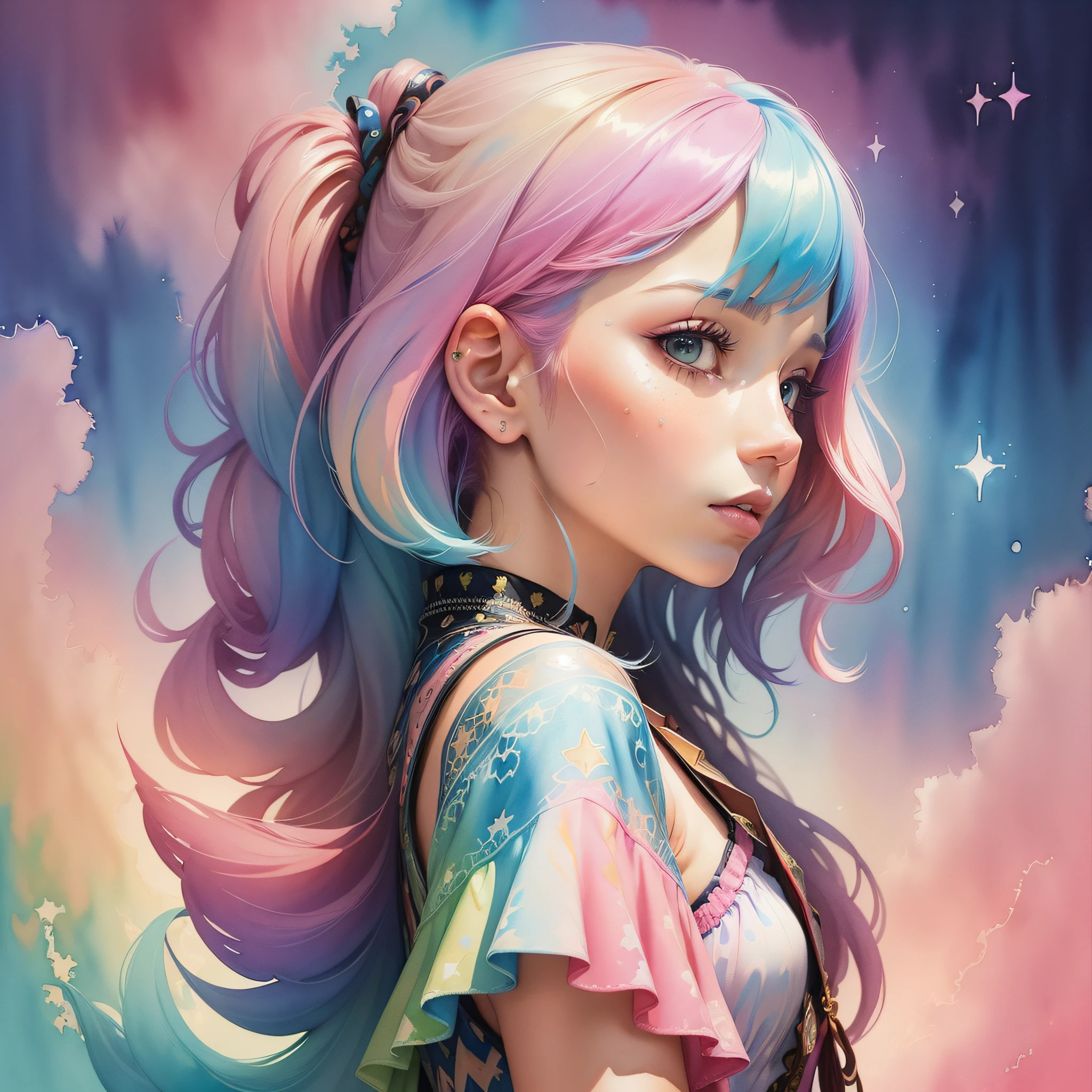 (masterpiece, top quality, best quality,watercolor (medium),official art, beautiful and aesthetic:1.2),(1girl:1.3), (fractal art:1.3),upper body, from side, looking at viewer,patterns,(rainbow color Hair,colorful hair,half blue and half pink hair:1.2),water,liquid, cloud,colorful, starry,stars,