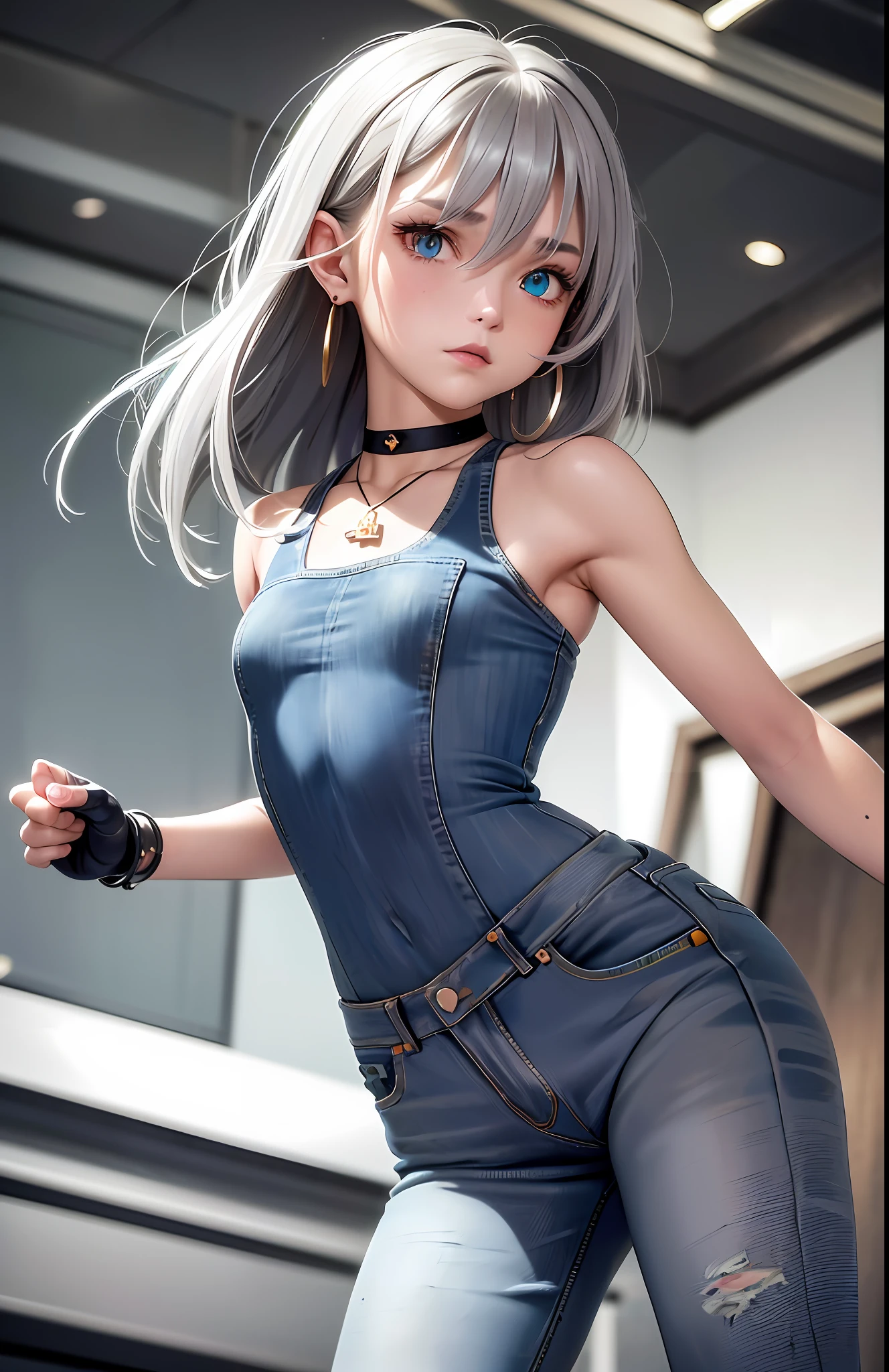 Best, Masterpiece, High Resolution, Best Quality, Ultra HD, Super Detail, Award-Awarded, 16k, (Upper Body), Anatomically Correct, Action Pose, Beautiful Girl, Gray Hair, Hair, ((Heterochromia)), Hanging Corners, Fair Skin, (Small), (Slim Body), ((Denim Clothing)), Stud Earrings, (Neck Rings), Very, Very Very Short Short Glove