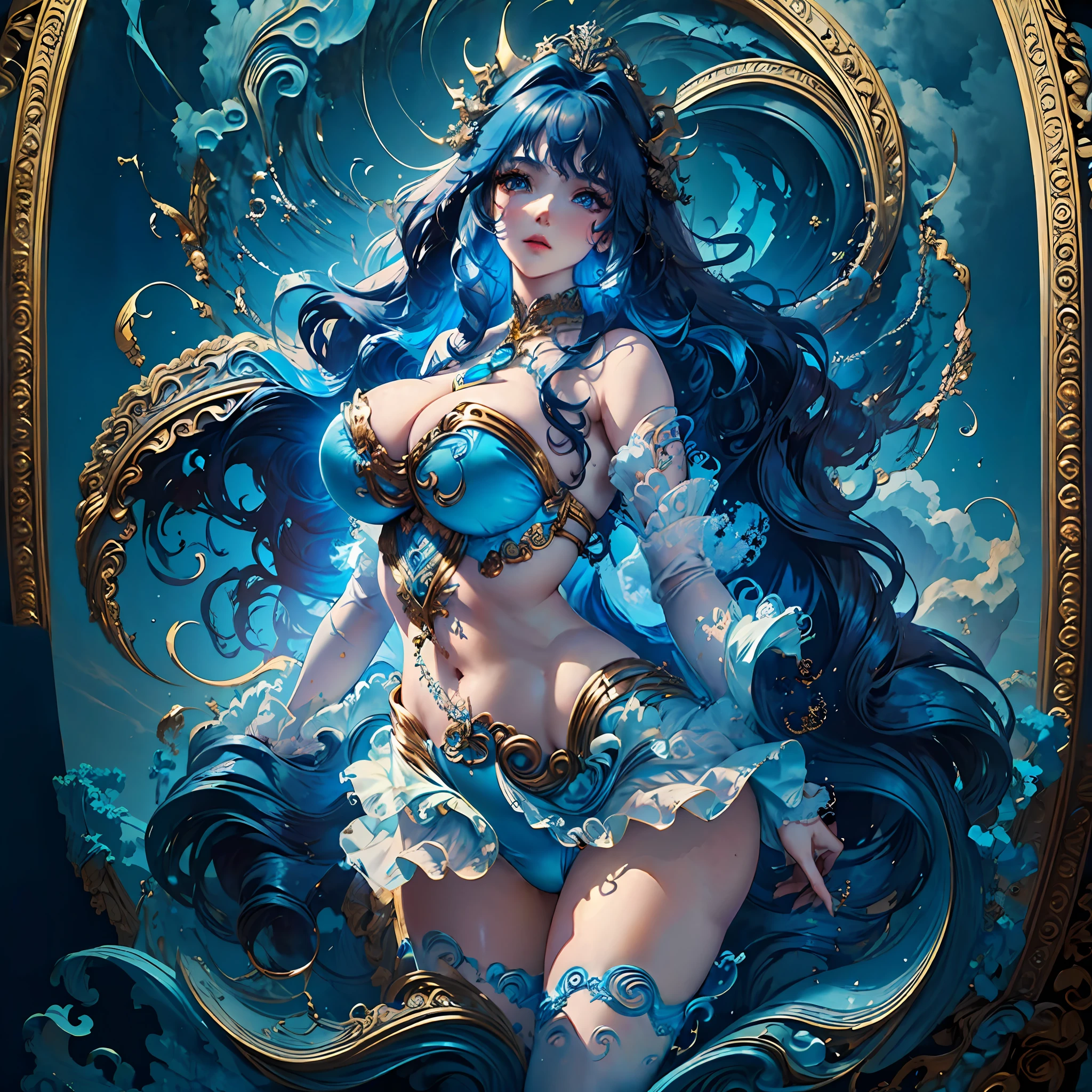 (Masterpiece, top quality, best quality), (((Beautiful anime style girl,))), 20 years old, oversize model, ((((Super huge breasts))), (((Blue wavy hair))), Extreme detail, Colorful, Glowism, Poseidon theme, Art concept art by Kahngriffith and Vadim Kashin, ethereal, standing, perfect, pure form, golden ratio, by Brian Froud, Carne Griffiths, Wadim Kashin and John William Waterhouse,