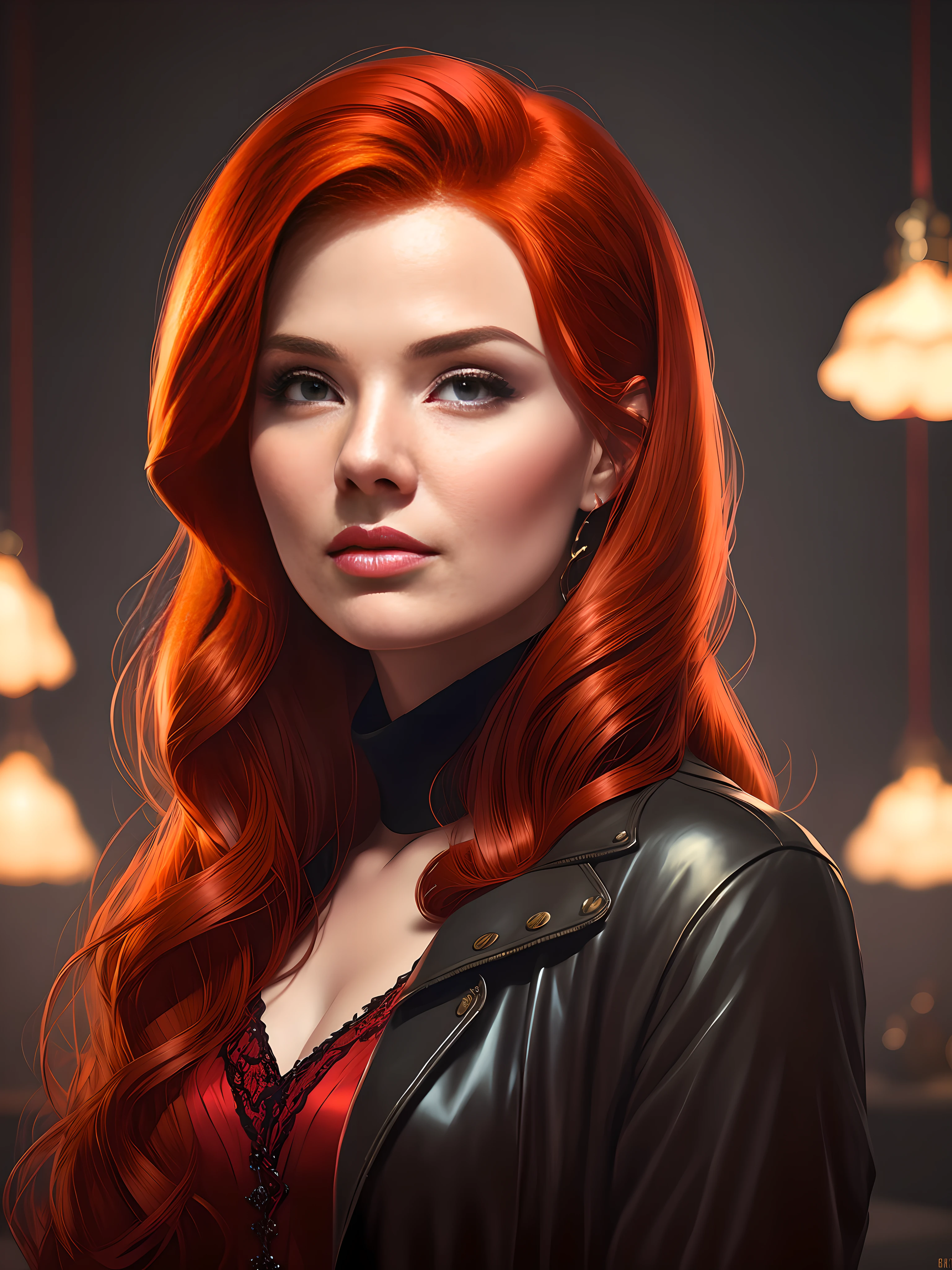 a beautiful red-haired woman in a dark room, a character portrait of Alexander Kucharsky, trending on Artstation, digital art, stunning digital illustration, CGSOCIETY portrait, beautiful digital artwork, beautiful digital illustration, deviantart artstation cgscosiety, beautiful digital painting, Alexandra Fomina ArtStation, character art portrait, trending on ArtStation 4k