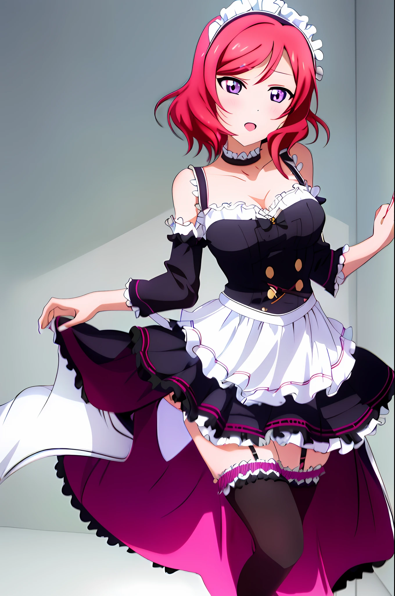 nishikino_maki,  1girl, solo, anastasia (idolmaster), idolmaster cinderella girls, purple eyes, shorts, short hair,  red hair, MaidSirius, 1girl, breasts, sirius_(azur_lane), solo, underwear, panties, cleavage, large_breasts, looking_at_viewer, side-tie_panties, dress, lying, choker, short_sleeves, hair_between_eyes, pink_panties, on_back, hairband, anchor_choker, apron, clothes_lift, maid, blush, frills, thighhighs, open_mouth, collarbone