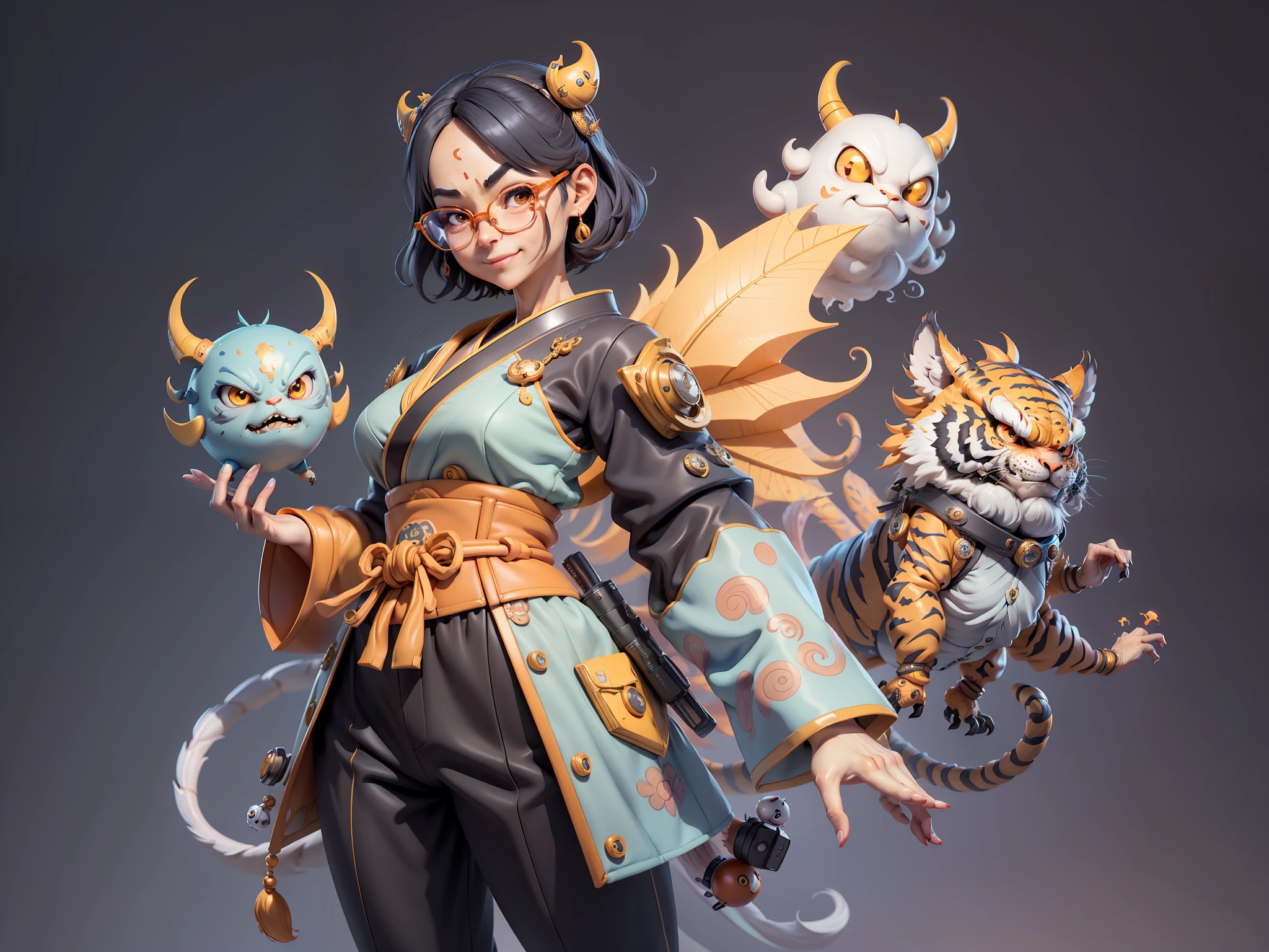 (Masterpiece), (Excellent), (Super Meticulous), (Full Body: 1.2), Super Young Woman, Japanese Geisha, Beauty, Chinese Dragon, Tiger, Wind God Thor, Sexy, Bursting, Oriental Face, TV Anchor, Bust Portrait Illustration, Alone, Black Suit, Blue Tie, Slightly Chubby, Very Clean Face, Silver Glasses, Black Super Short Hair, Black Eyes, Confident Smile, 3c Computer Sub-Products, iPad, iPhone, Digital Painting, 3D character design by Mark Clairedon and Pixar and Hayao Miyazaki and Akira Toriyama, the illustrations are HD illustrations in 4K resolution with highly detailed facial features and cartoon-style visuals.