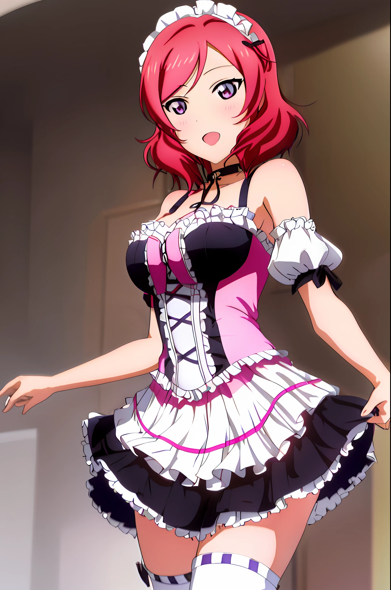 nishikino_maki,  1girl, solo, anastasia (idolmaster), idolmaster cinderella girls, purple eyes, shorts, short hair,  red hair, MaidSirius, 1girl, breasts, sirius_(azur_lane), solo, underwear, panties, cleavage, large_breasts, looking_at_viewer, side-tie_panties, dress, lying, choker, short_sleeves, hair_between_eyes, pink_panties, on_back, hairband, anchor_choker, apron, clothes_lift, maid, blush, frills, thighhighs, open_mouth, collarbone