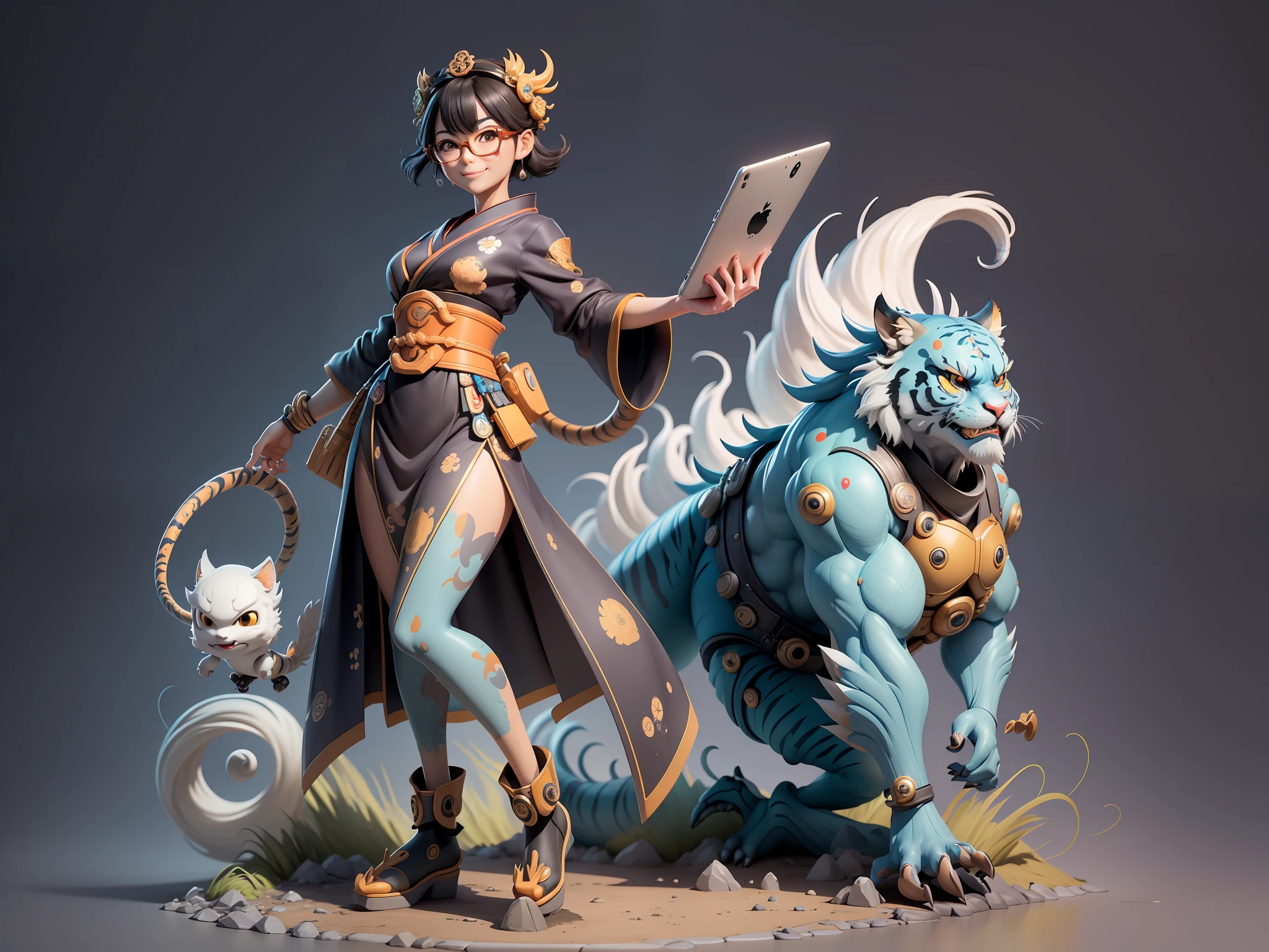 (Masterpiece), (Excellent), (Super Meticulous), (Full Body: 1.2), Super Young Woman, Japanese Geisha, Beauty, Chinese Dragon, Tiger, Wind God Thor, Sexy, Bursting, Oriental Face, TV Anchor, Bust Portrait Illustration, Alone, Black Suit, Blue Tie, Slightly Chubby, Very Clean Face, Silver Glasses, Black Super Short Hair, Black Eyes, Confident Smile, 3c Computer Sub-Products, iPad, iPhone, Digital Painting, 3D character design by Mark Clairedon and Pixar and Hayao Miyazaki and Akira Toriyama, the illustrations are HD illustrations in 4K resolution with highly detailed facial features and cartoon-style visuals.