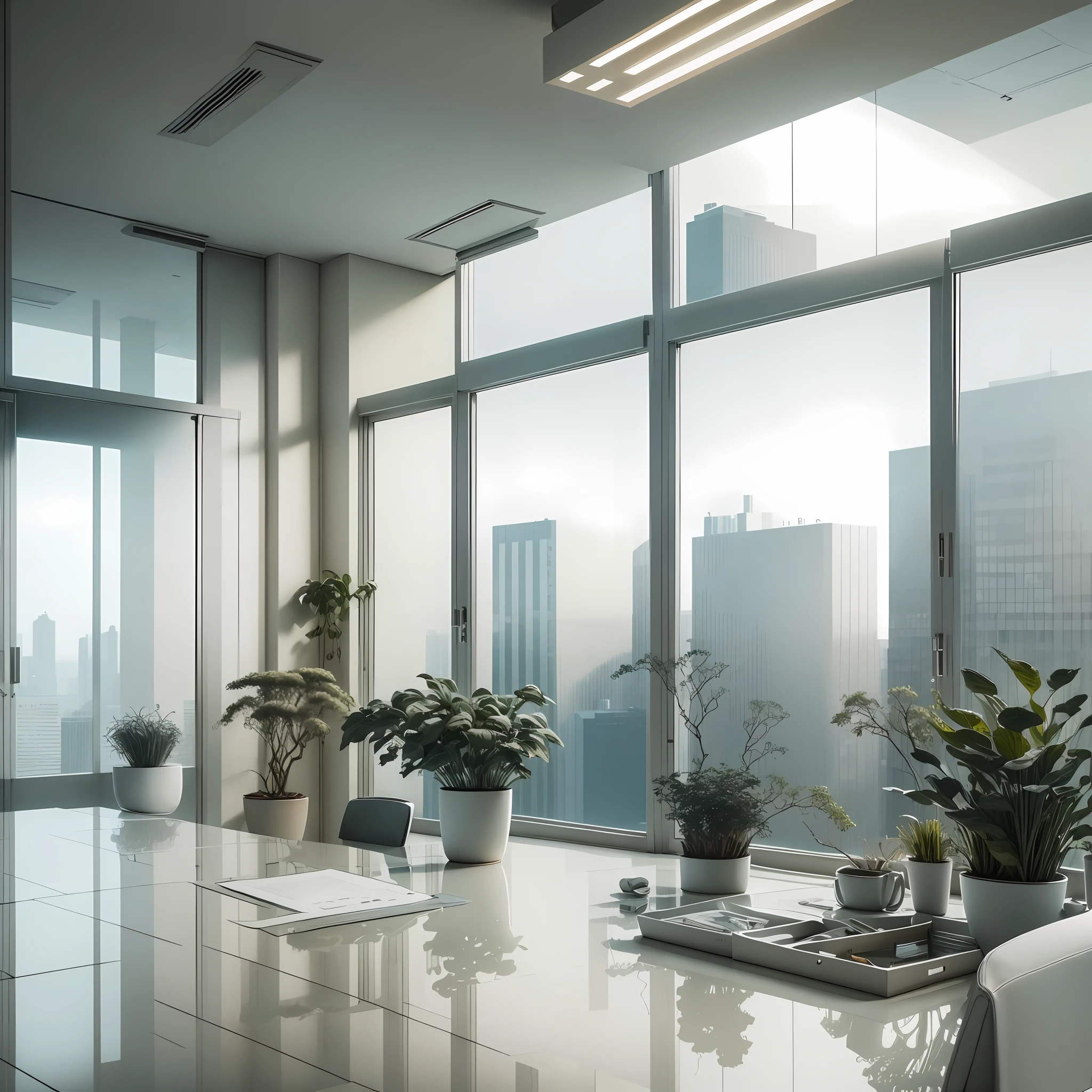 An office, white, floor-to-ceiling windows, greenery, mansion, office building, pure, clean, real, lighting, brightness, white, light, modern, white tone, background, president, boss office, background wall high-rise, blue sky and white clouds, building, high-rise, technology --auto --s2