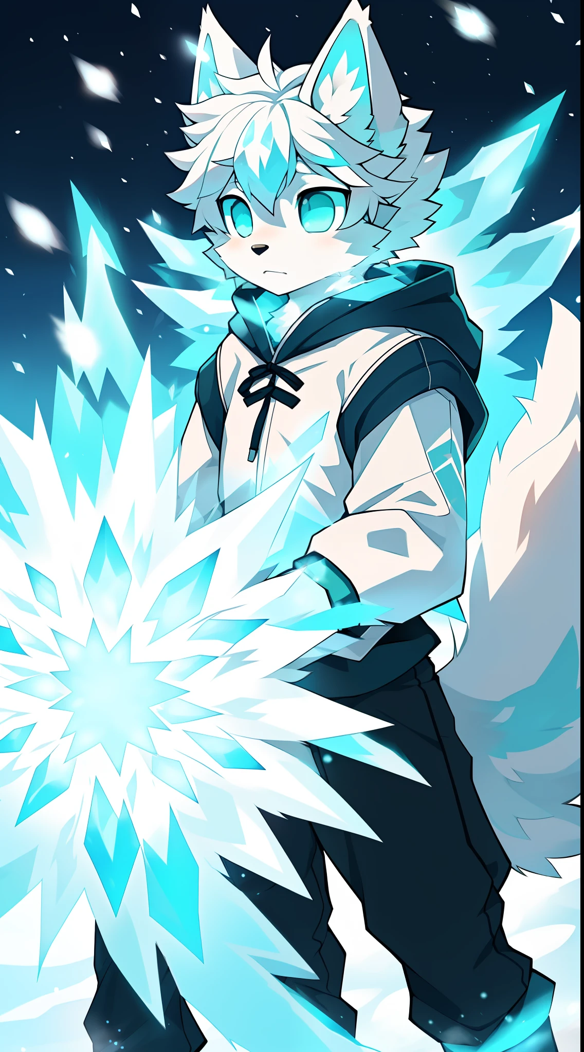 Samoyedskaya, human, furry, canine, (furry), (clear cyan eyes), white hair, white dog tail, black sleeves, white short sleeves with hood, white cropped pants, swirling wind, control ice, outdoors, (((ice)), floating particles, ethereal power, whirlwind