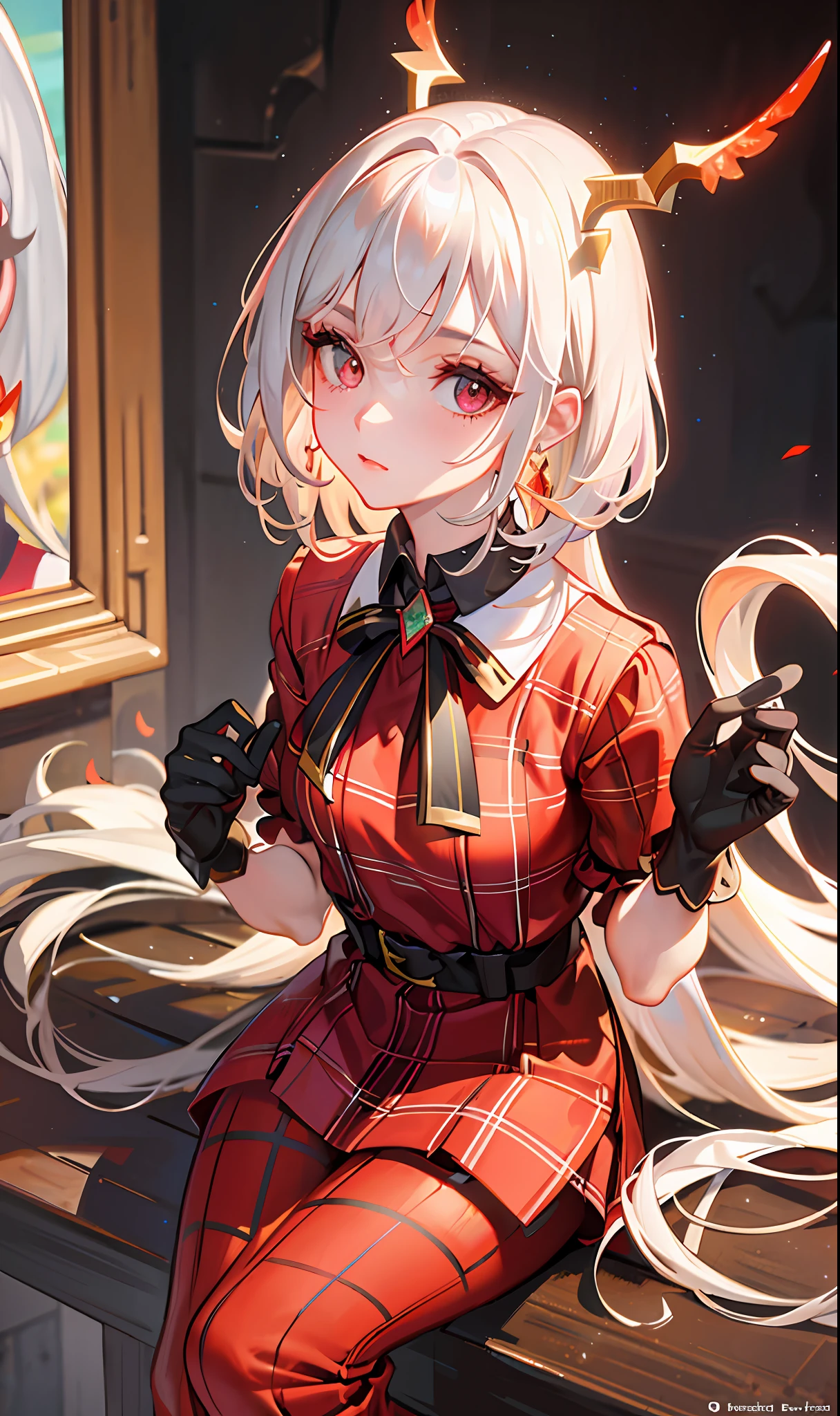 (Masterpiece, Side Light, Fine Beautiful Eyes: 1.2), (Masterpiece * Portrait), Portrait, (Bust), Realistic, Anatomically Correct, 3D Face, Sweet Skin, (Solo), (Close-up of Face), (Fire Opal General Scarlet Eyes), Hanging Corner of the Eye, ((High Detail Skin, Visible Pores)), (Perfect Figure), A Beautiful Girl, Small Breasts, ((Scottish Plaid Costume)), (Neck Ring), Very, Very Short Glove