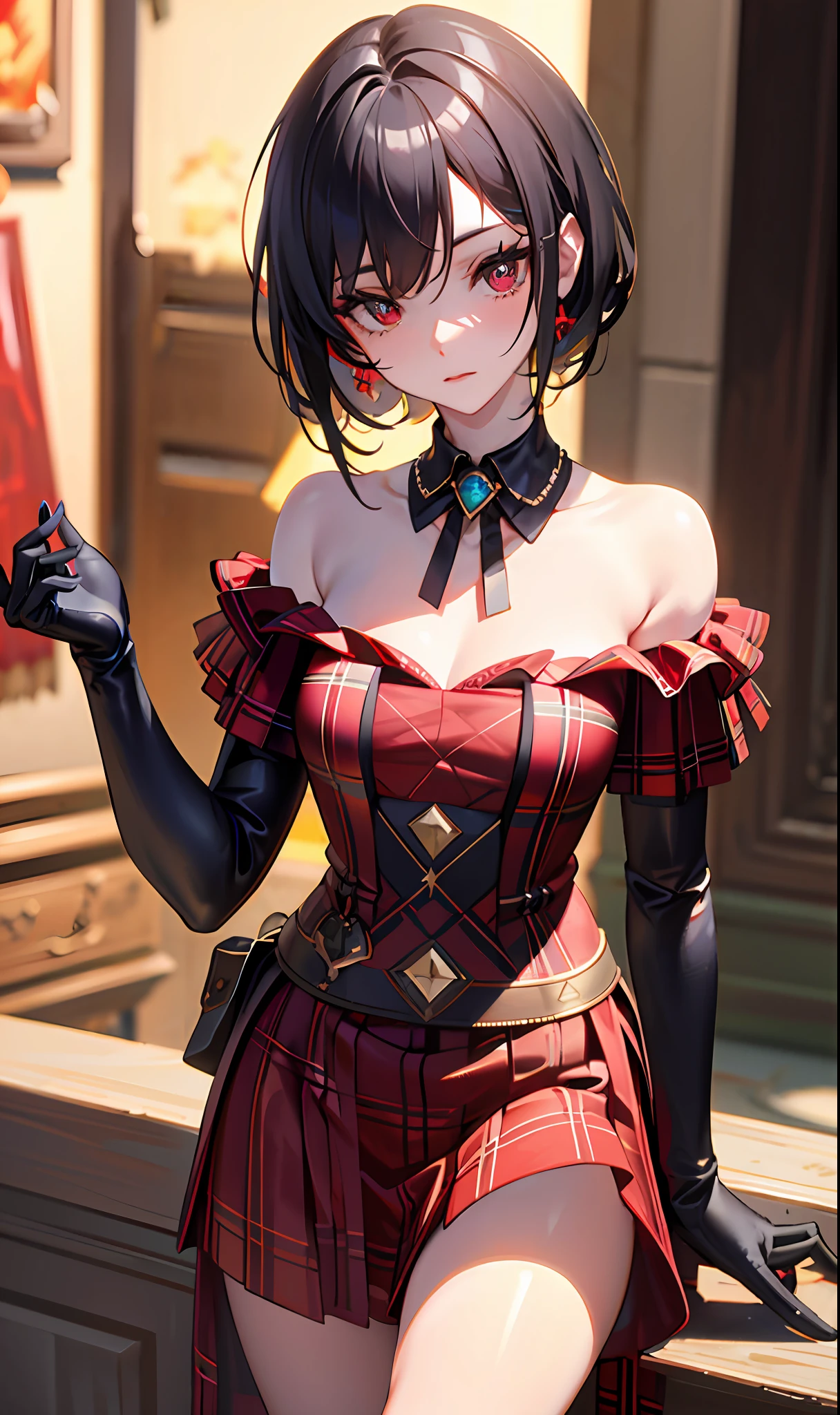(Masterpiece, Side Light, Fine Beautiful Eyes: 1.2), (Masterpiece * Portrait), Portrait, (Bust), Realistic, Anatomically Correct, 3D Face, Sweet Skin, (Solo), (Close-up of Face), (Fire Opal General Scarlet Eyes), Hanging Corner of the Eye, ((High Detail Skin, Visible Pores)), (Perfect Figure), A Beautiful Girl, Small Breasts, ((Scottish Plaid Costume)), (Neck Ring), Very, Very Short Glove