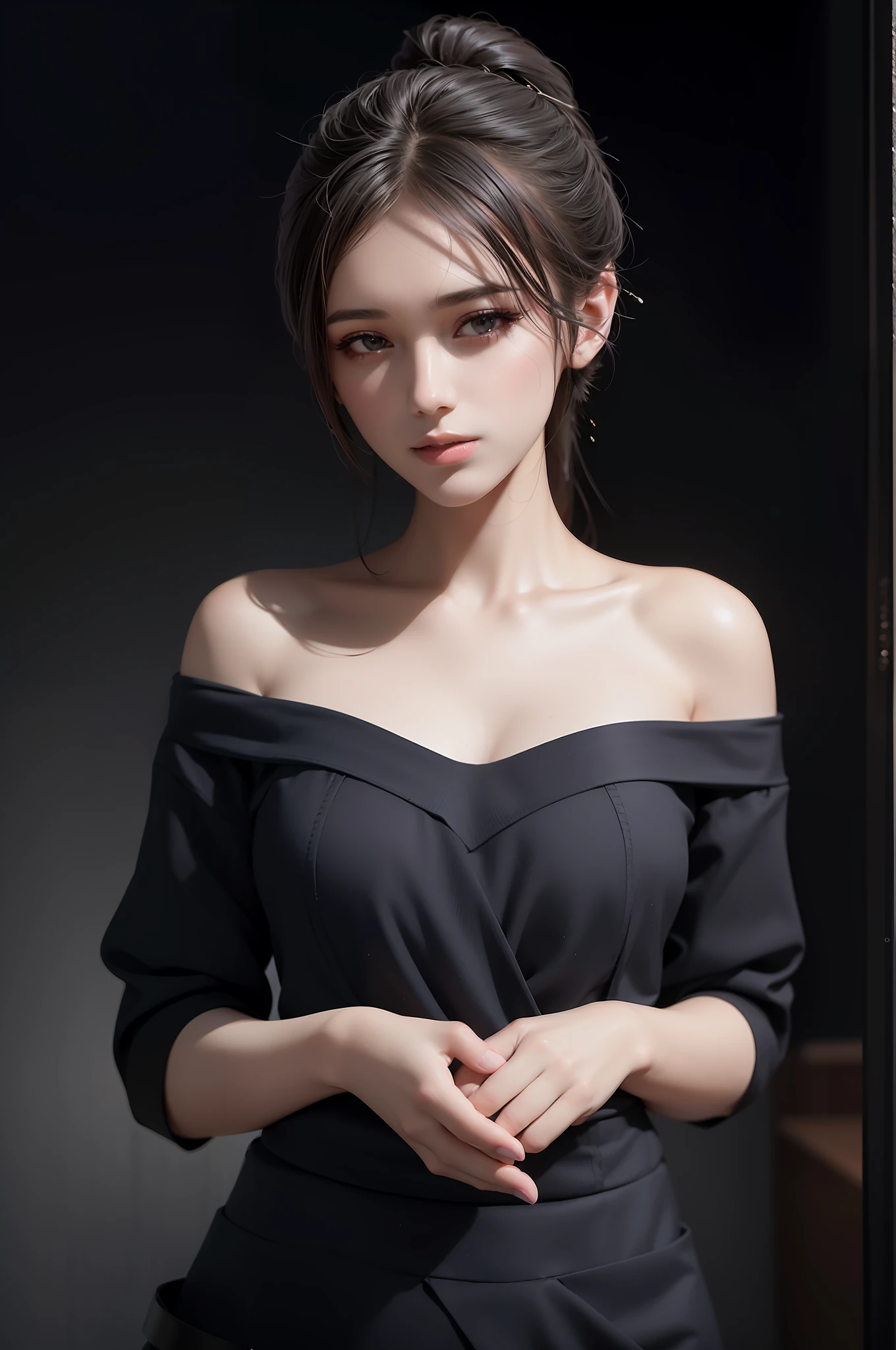 Araped woman in black dress posing for photo, gorgeous oriental model, gorgeous young woman, beautiful woman, soft portrait 8K, photo of beautiful young woman, slender girl model, fashionable at CGSTATION, open v chest clothes,