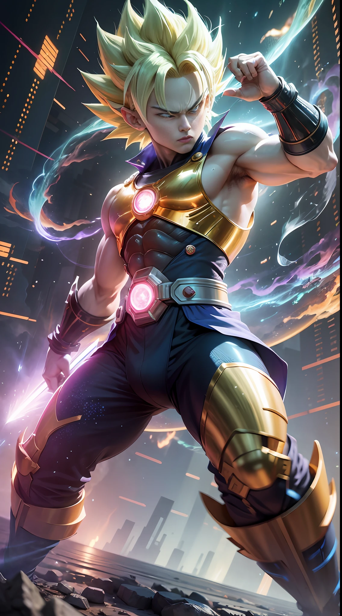 "Dragon Ball" + "Translucent holographic projection to the world of 2023", abstract, dreamy, Super Saiyan Kakarot, digital grid effects, complex environments, distortion, drawn by Tetsuya Nomura by Katsuhiro Otomo and Akira Toriyama, "perfect shadow", cinematic lighting, depth of field, Vray, volume lighting, center shot, dynamic pose, post Production, Professional Color Grading --auto --s2