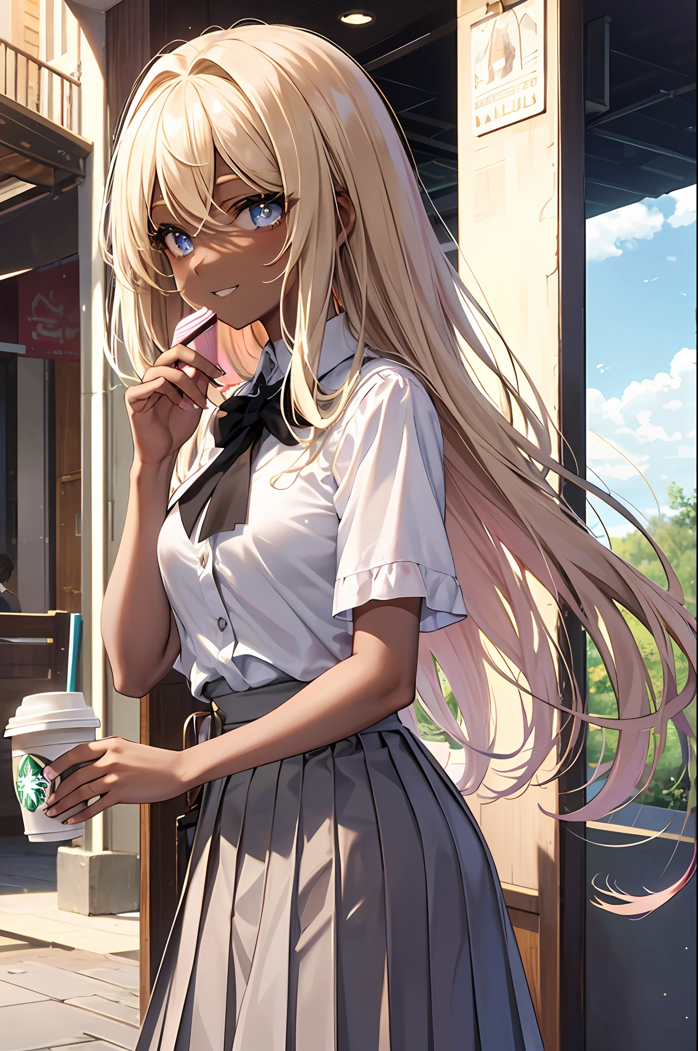 Top quality, masterpiece, incredibly beautiful, very delicate 8k wallpaper, transcendent beautiful girl, gal, dark skin, long hair, (blonde hair pink gradient hair), break, grinning, long eyelashes, makeup, glittering eyes, constriction, big, big ass, break, loose tie, (white blouse with short sleeves), ((gray pleated skirt)), Starbucks, frappuccino, townscape,