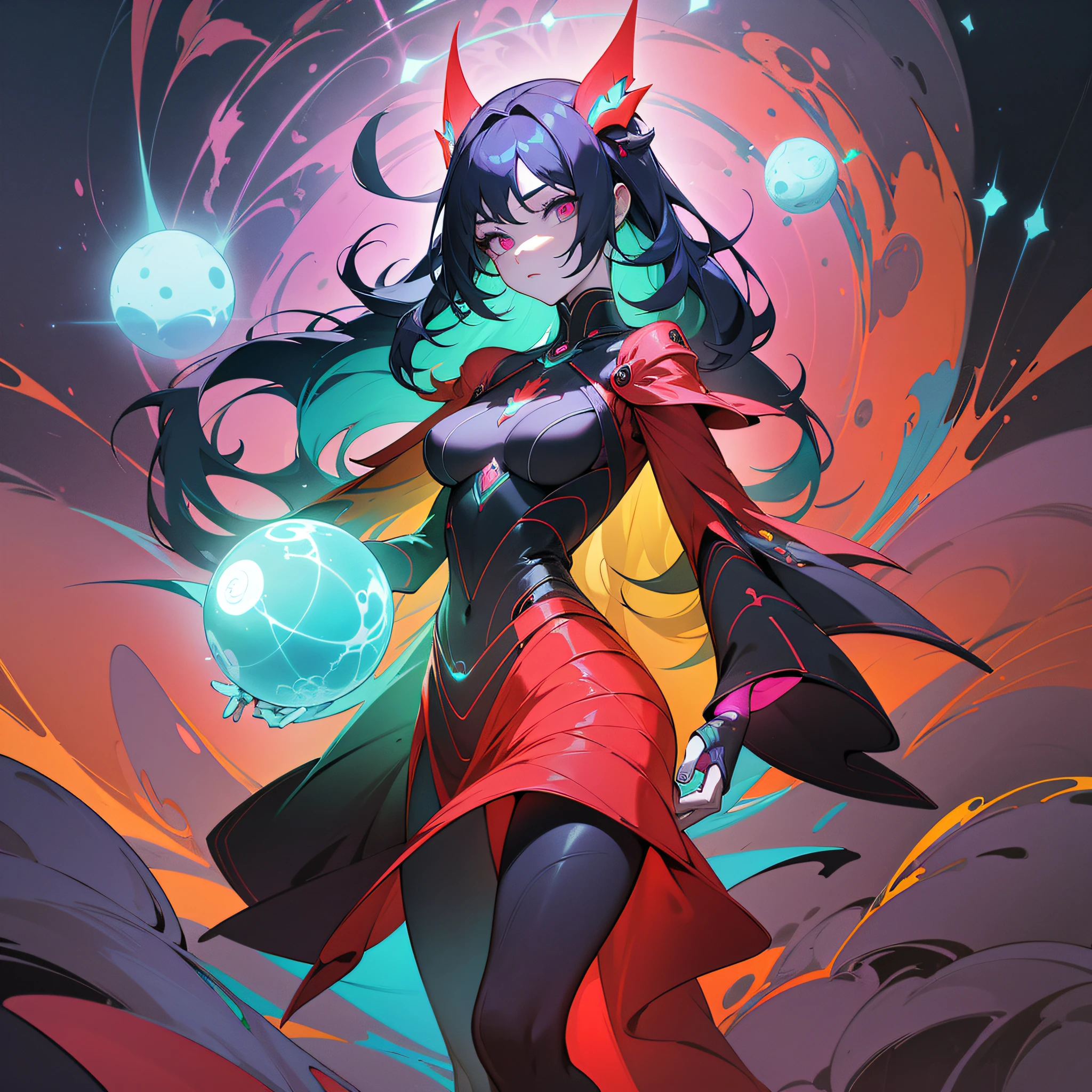 Design a fantastical and surreal art piece inspired by the unpredictability of quantum mechanics. Infuse elements of electricity and neon colors throughout the piece. The artwork should feature a modernistic and mysterious female character in a deep red gown standing amidst a chaotic landscape of geometric shapes and patterns. Utilize a 3D voxel art style with cel-shading and exaggerated proportions, giving the piece an otherworldly and dreamlike effect. The character should hold a glowing ball of energy in one hand while the other hand touches a glowing fractal pattern, representing her power and control over the abstract forces of the universe. --auto --s2