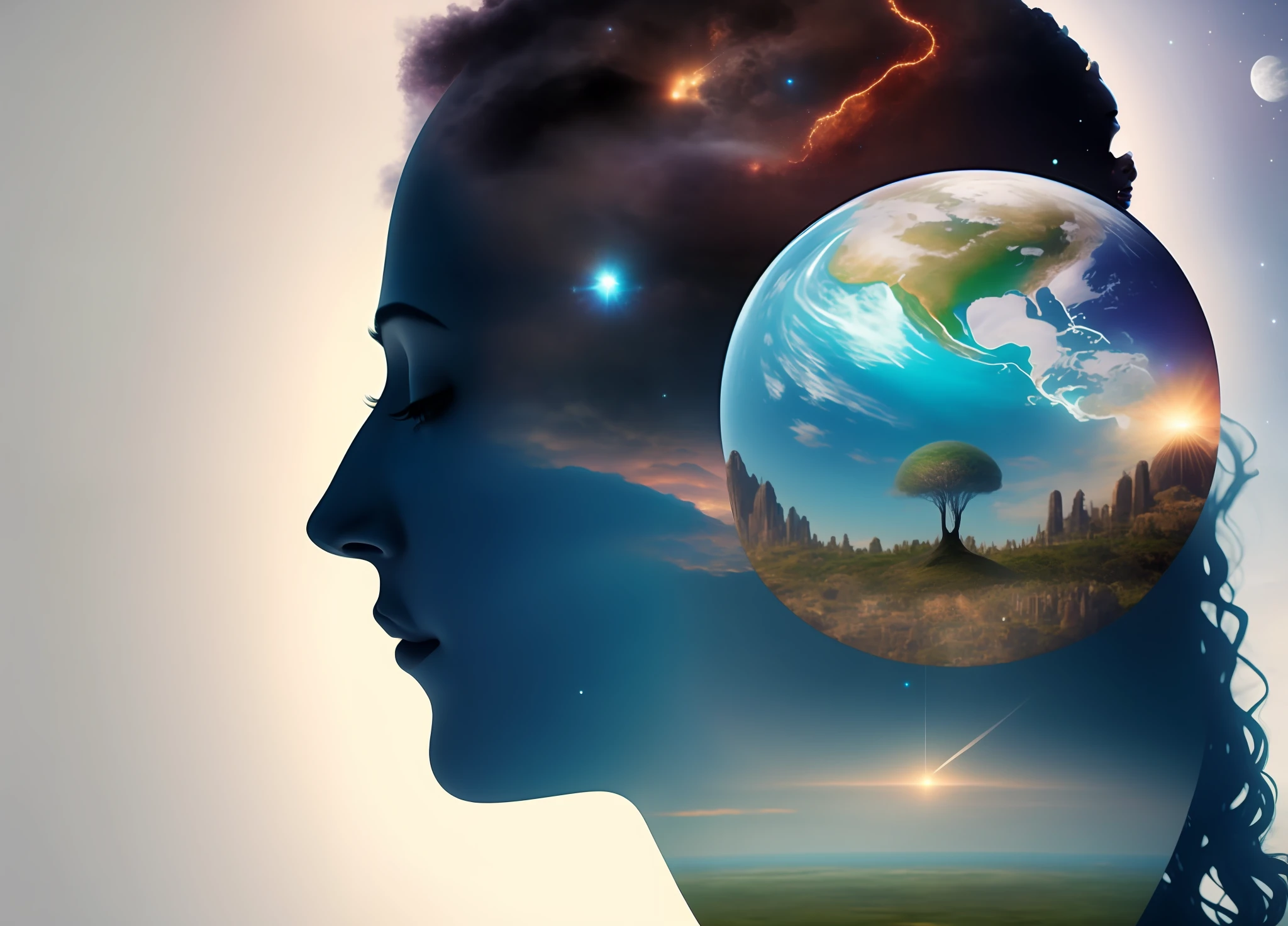 there is a woman with a planet in her head, mother earth, matte painting of human mind, gaia human and digital, consciousness projection, face made out of planet, enviromental portrait, face melting into the universe, elevated consciousness, earth goddess mythology, collective consciousness, by Kurt Roesch, distributed consciousness, full figured mother earth, consciousness, consciousness rising, stunning art
