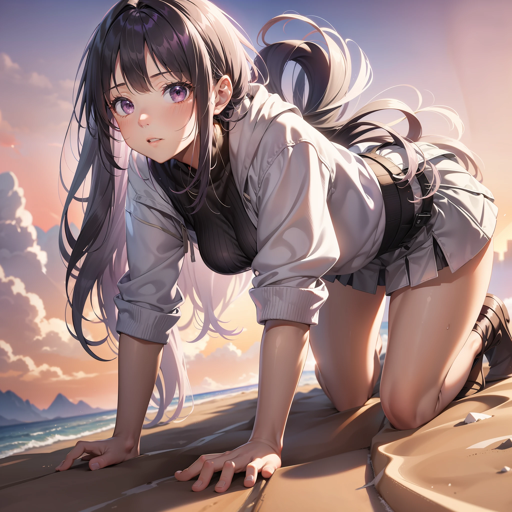 1girl, beautiful, all fours, frock and arched back, on the pretty sands, hoodie, miniskirt, sunlight on her face, white sands beadch, beautiful sunshine, in the afternoon, red sky, CG, a nice picture, eye reflection, aqua eyes, shy, gradient hair, silver hair, black hair, purple hair, long hair, ray tracing, reflection light, blurry foreground, from side, cowboy shot, first-person view, zoom layer, masterpiece, best quality, anatomically correct, textured skin, UHD, highres, 1080P, HD