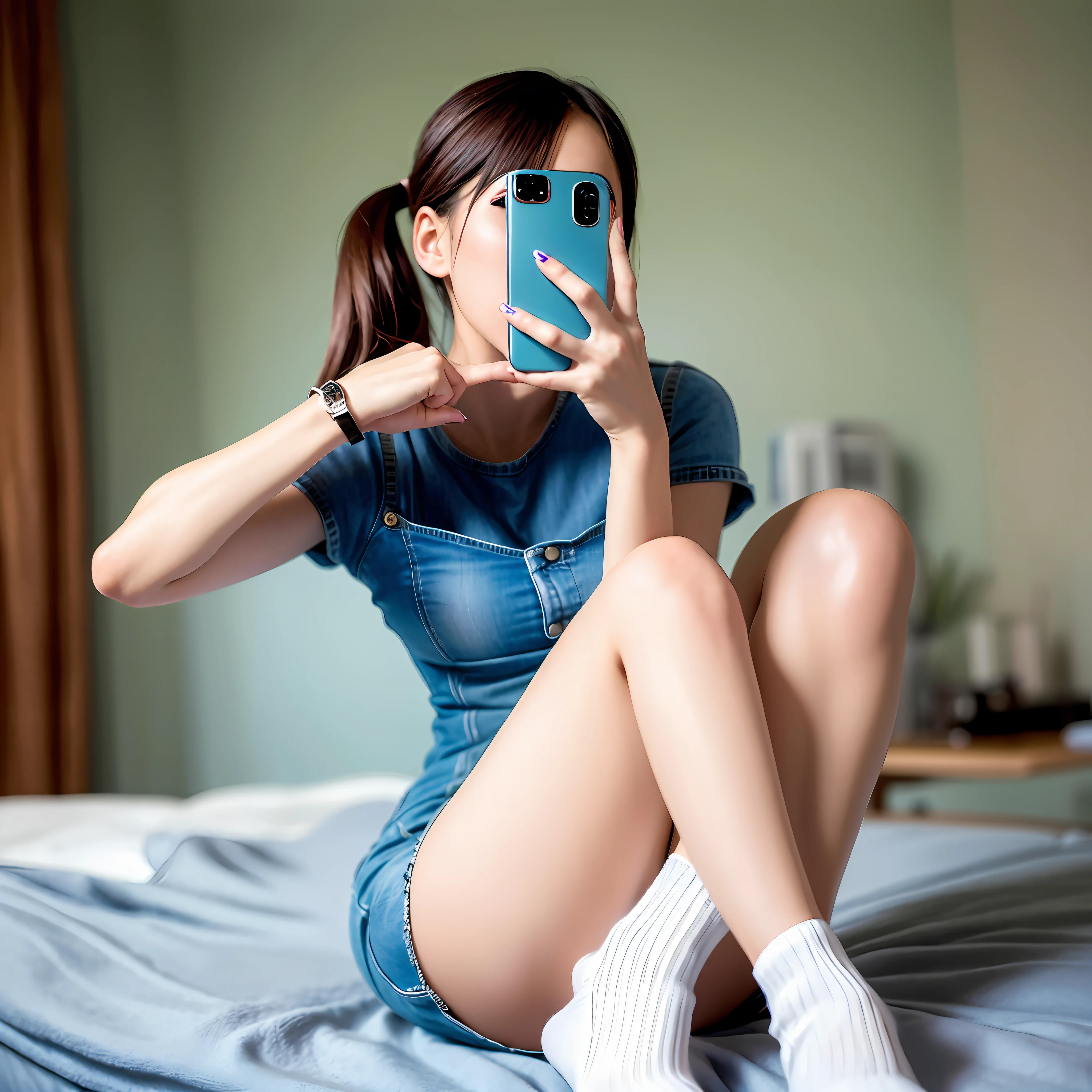 Young girl sitting on bed taking pictures of herself, photo of slim girl, beautiful face with arms and legs, photo of slim girl model, korean girl, denim short skirt suit, Instagram model, full body! Pretty face, full body picture
