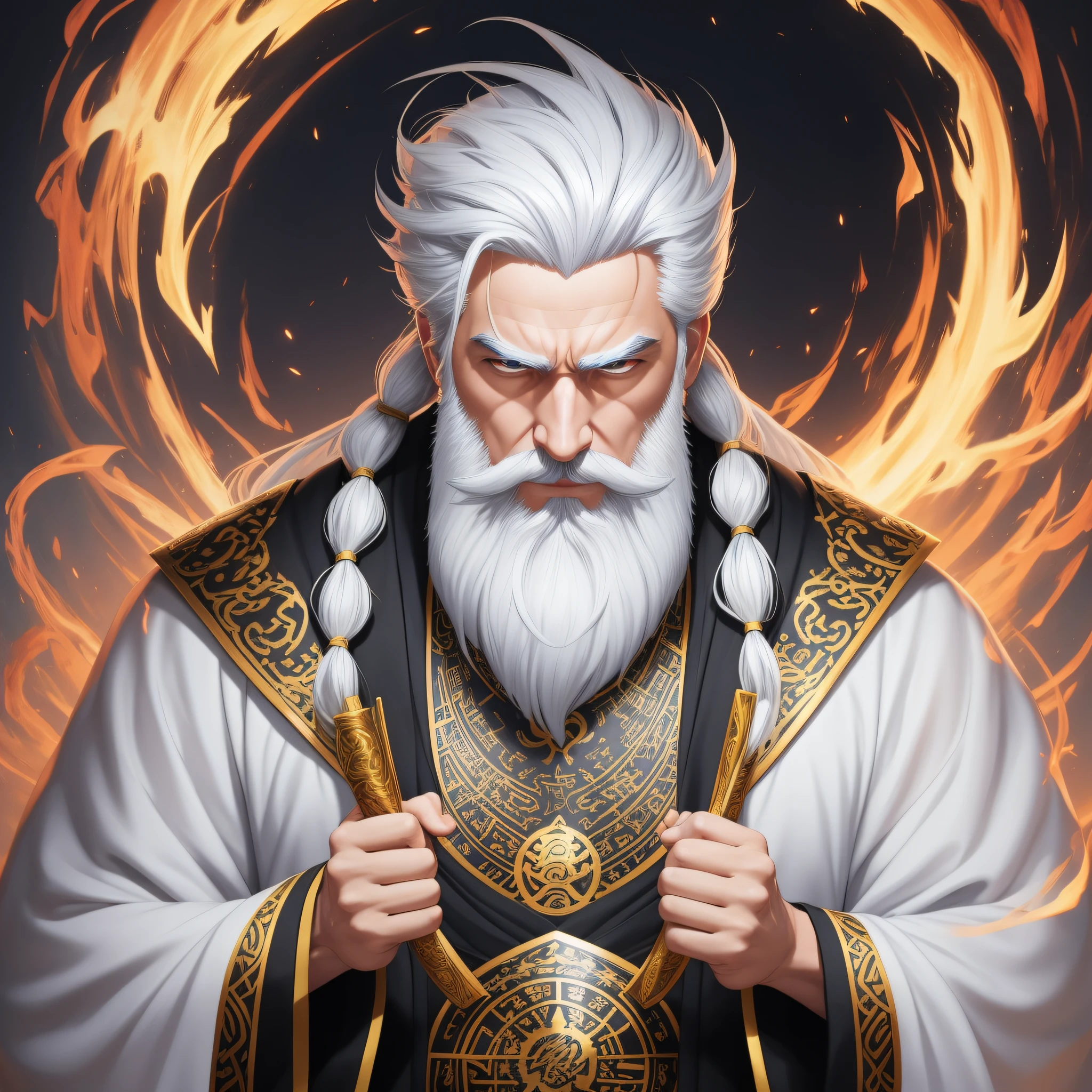 There was a man with white hair and a beard, wearing a Taoist robe. White Flame, Extremely Detailed Art Germ, Artgerm on ArtStation Pixiv, Complete Art, Casimir Art, Detailed Digital Animation Art, ArtStation Pixiv Trends, Iconic Character Splash Art, 8k, --auto --s2