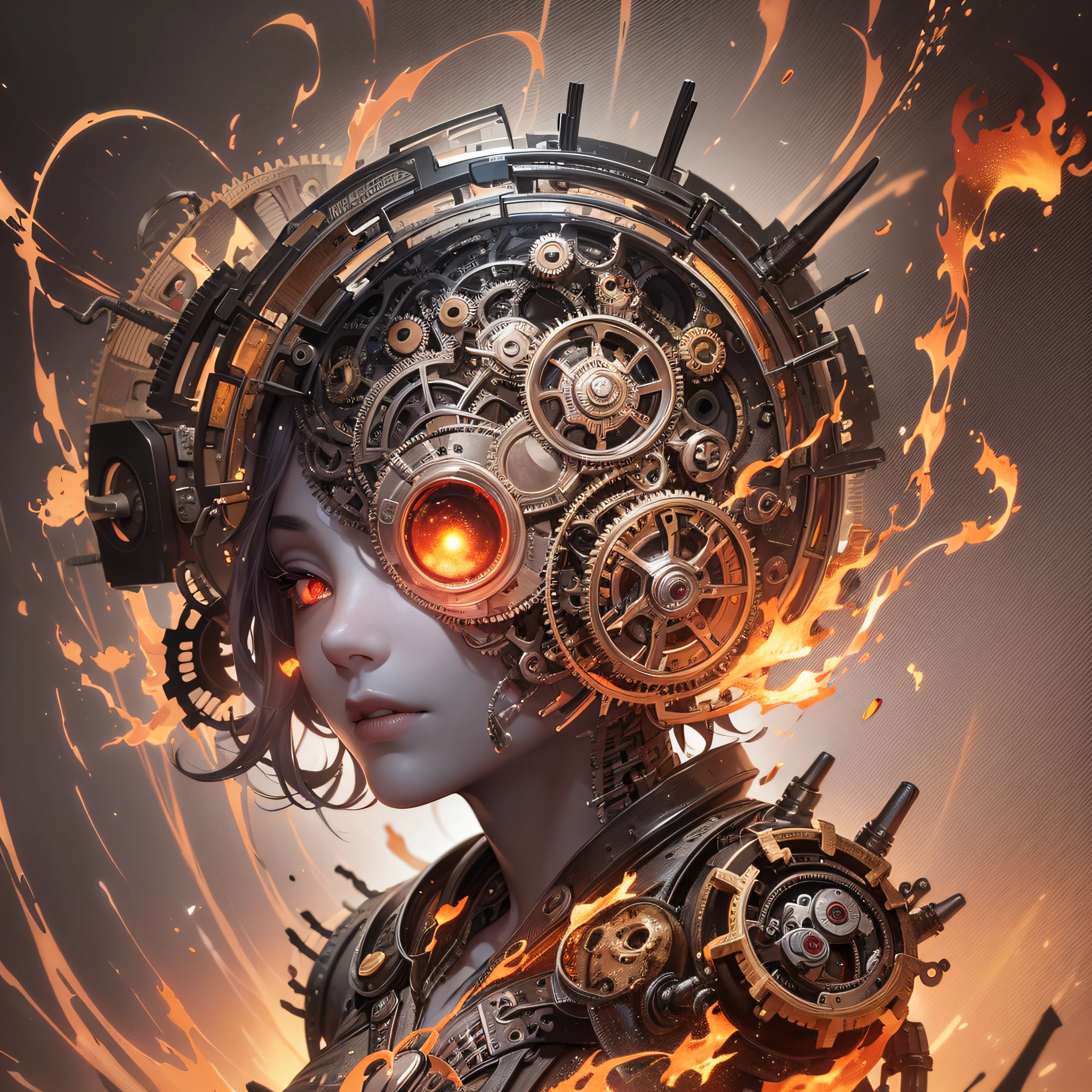 Create a surrealist portrait of a humanoid creature with a head made of melting lava, billowing smoke, and flaming eyes that seem to follow the viewer. The creature's body is made of mechanical parts, gears and levers that operate with hypnotic efficiency, yet seem to be partially consumed by the heat of its glowing head. The style should convey a sense of deep surrealism, unleashing the full potential of the viewer's imagination, and it should be an amalgamation of steampunk and abstract styles, with an emphasis on details and intensity. --auto --s2