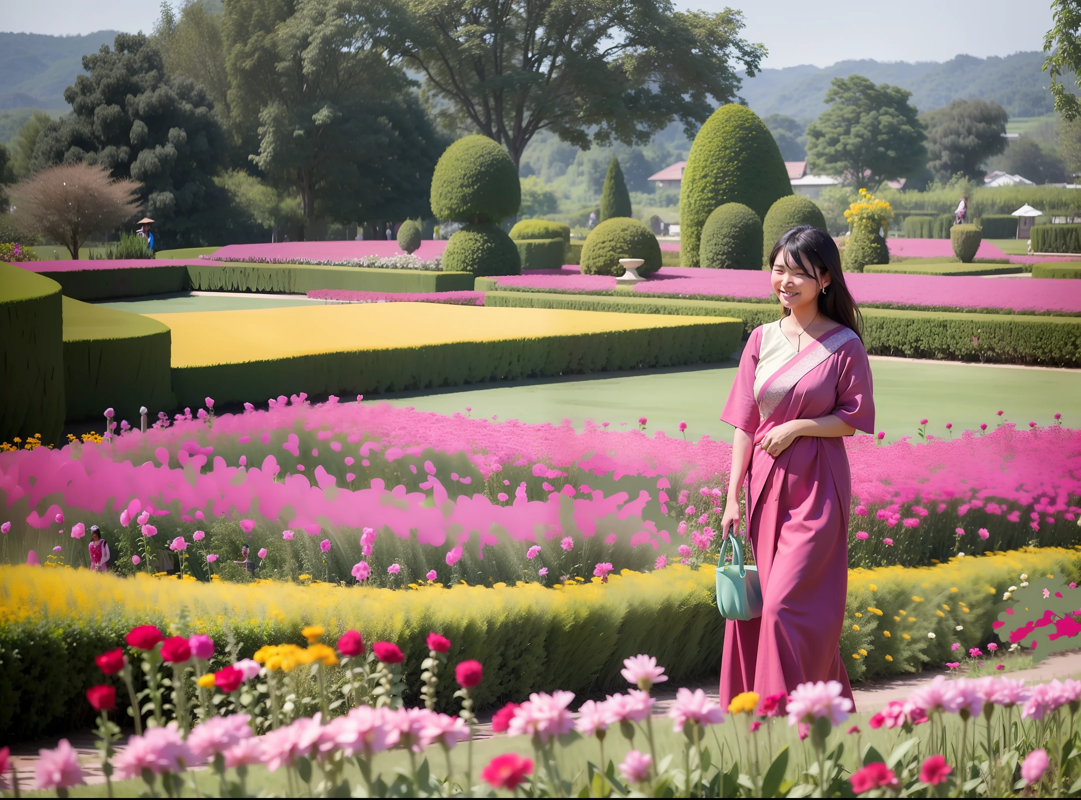 a woman standing in a garden with a garden hose, young Myanmar woman, beautiful young Myanmar woman, in a cottagecore flower garden, beautiful Myanmar woman, in garden, standing in flower field, beautiful garden on background, girl walking in flower field, girl standing in
