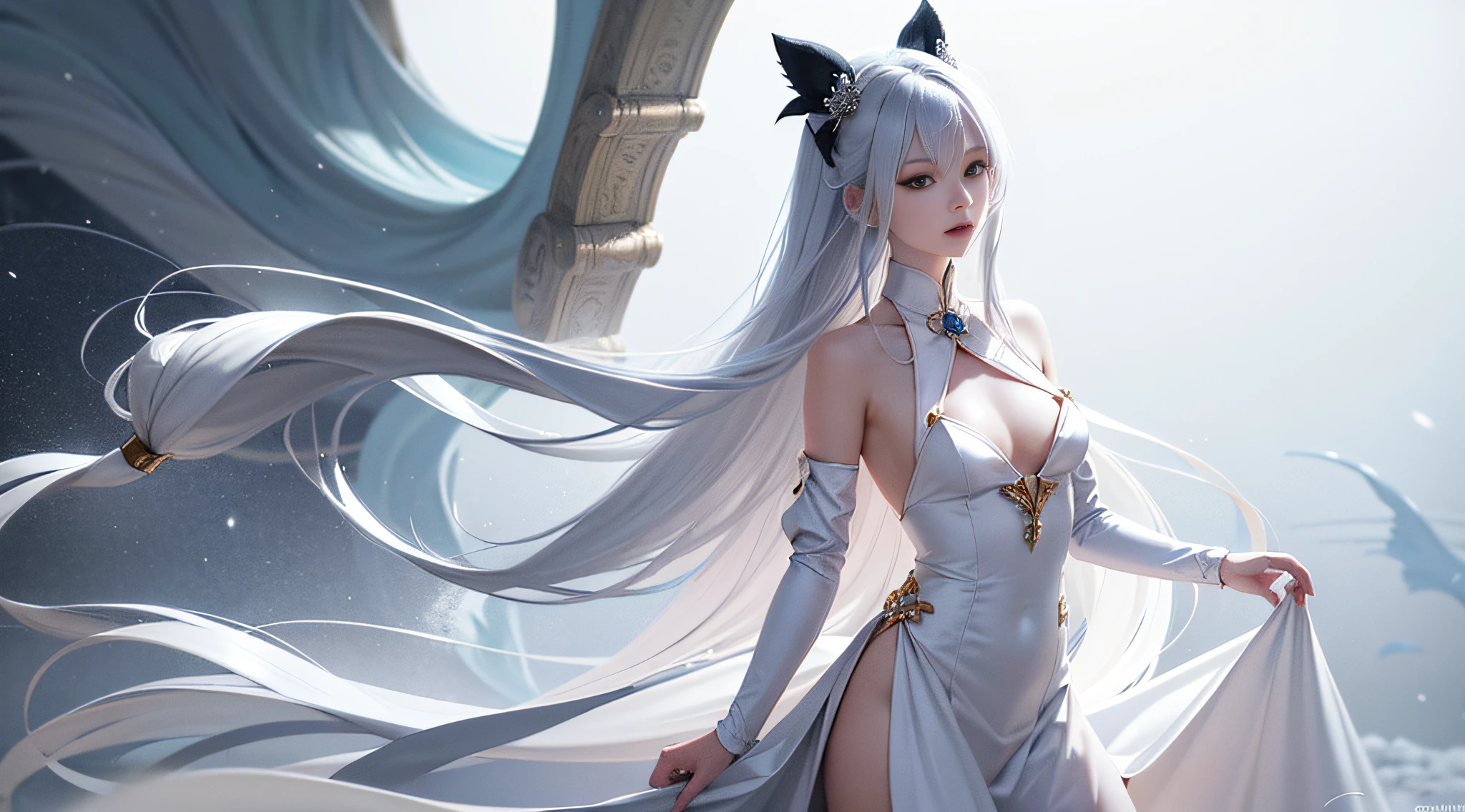 Long hair like snow appears in Guwiz art, bows dot his hair, nuanced style, by Yuyu wanders in the picture, delicate Yu, soft tones, as if the champion of the competition, sexy body, seductive model girl, perfect body proportions. - Pixiv from YKDBOOM.
