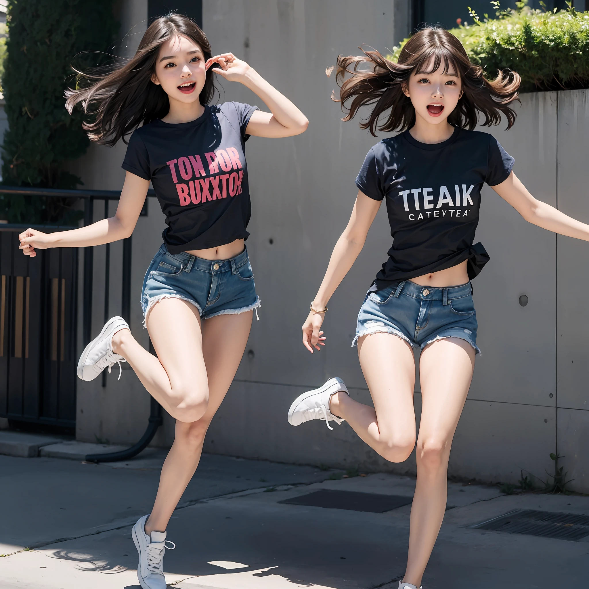 Kitten jumping, jumping up, screaming, young beautiful and cute, one girl, short t-shirt that makes you hungry, denim shorts
