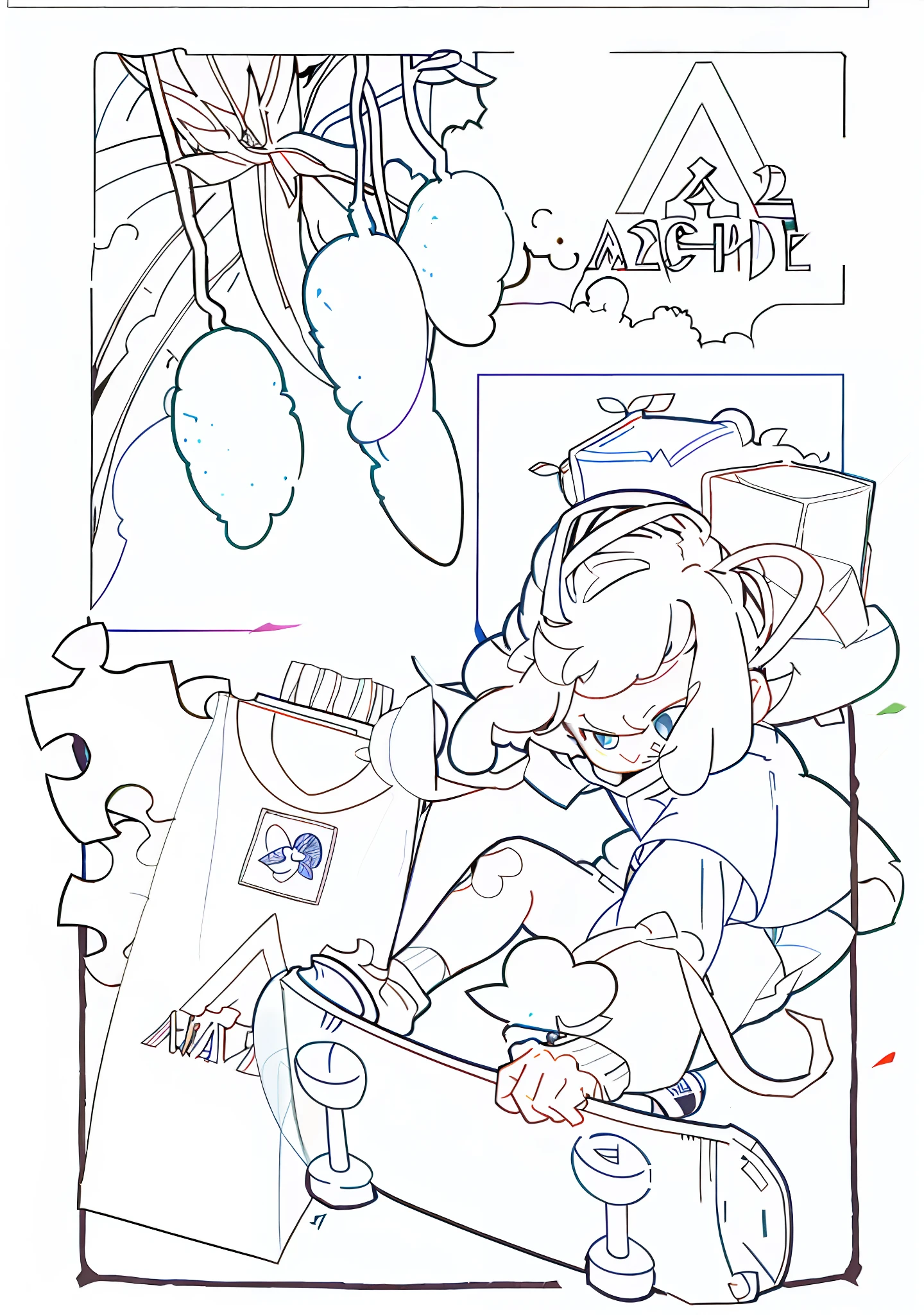 (children's coloring + colored paper: 0.9), high-quality paintings, super cute, walking through the woods, watching the outside view, candy colorful colors)