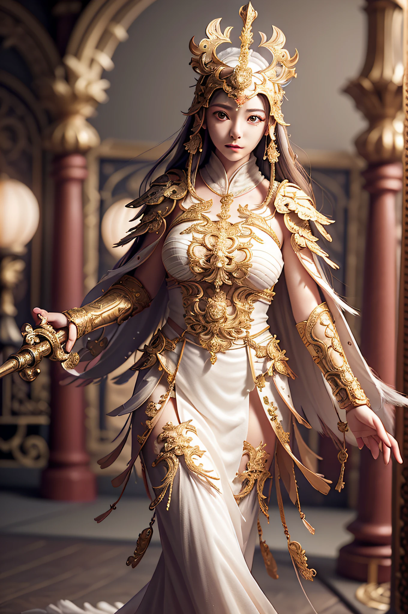 ((Masterpiece))), ((Best Quality))), ((Ultra Detailed)), (Surreal), (Highly Detailed CG Illustration), Cinematic Light, Realistic, Very Beautiful Young Lady, Light Makeup,Sexy,Perfect Figure, Intricate Details EABA, White Complex Cloak, Dynamic Pose, Spear