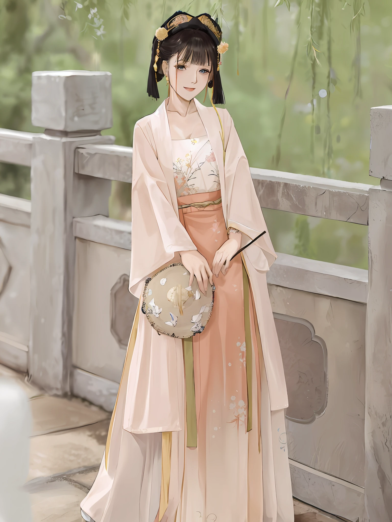 araffe woman in a long dress and a hat posing for a picture, hanfu, white hanfu, pale and coloured kimono, wearing ancient chinese clothes, traditional chinese clothing, pale pink and gold kimono, palace , a girl in hanfu, long beautiful flowing kimono, with acient chinese clothes, flowing magical robe, chinese costume, chinese dress
