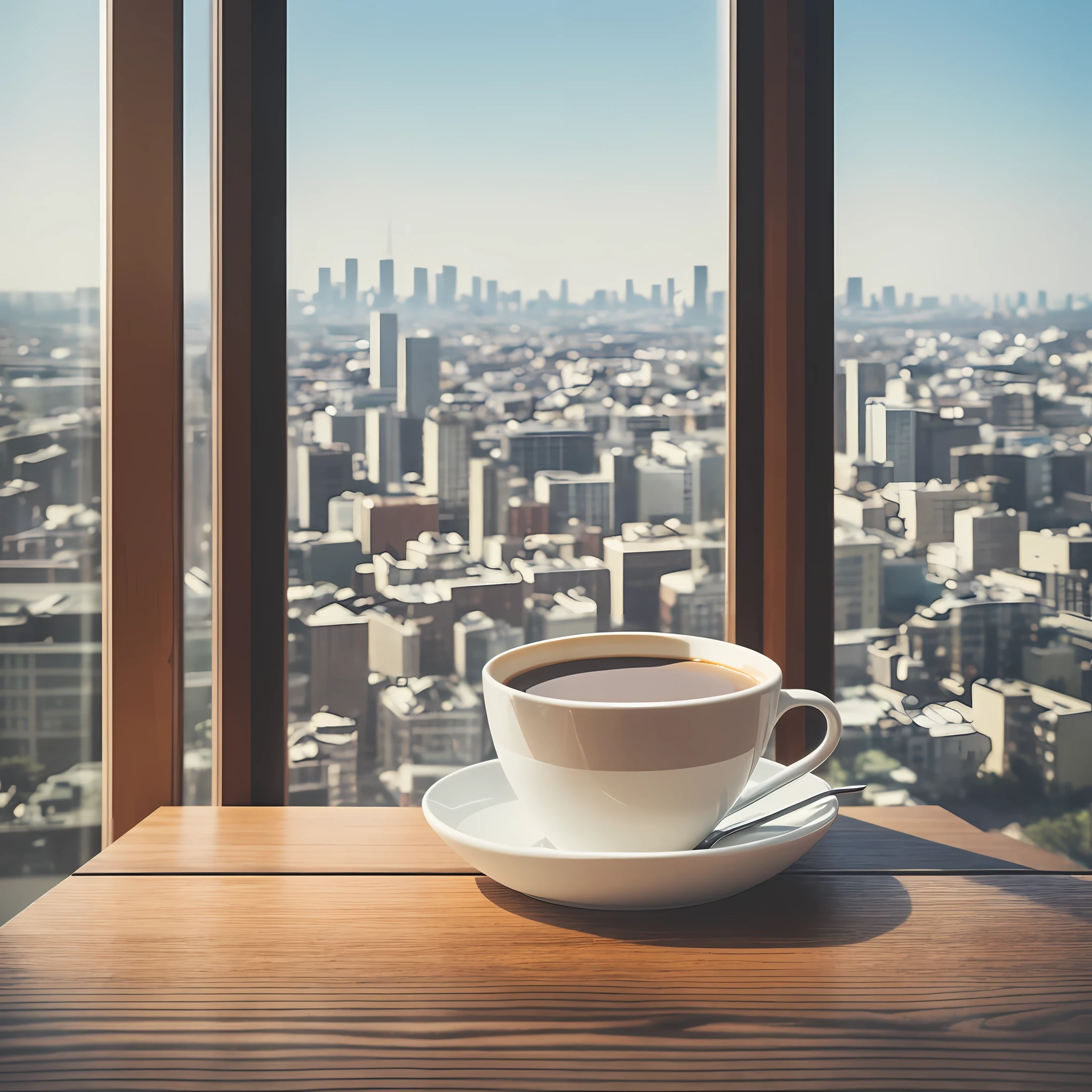 Merchandising photography, a cup of coffee with latte on a wooden table with a blurred glass window in the background, and a view of the city outside. The overall color should be warm and textured. --auto --s2