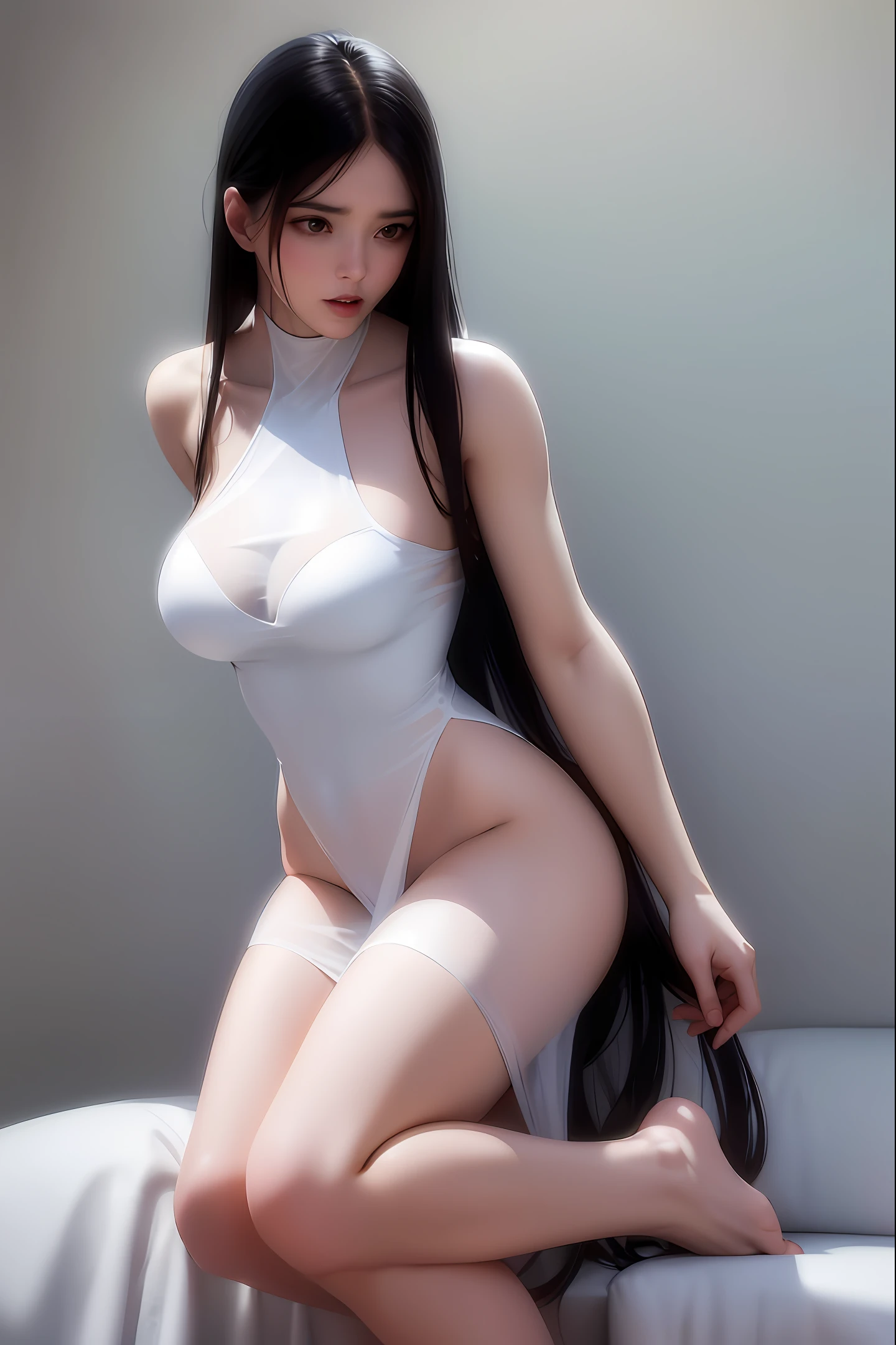 Woman body definition thin thigh cybernetic body parts, no underwear, transparent gauze garment, white tender skin, long black hair, lazy shoulders, bare feet, sofa in the background