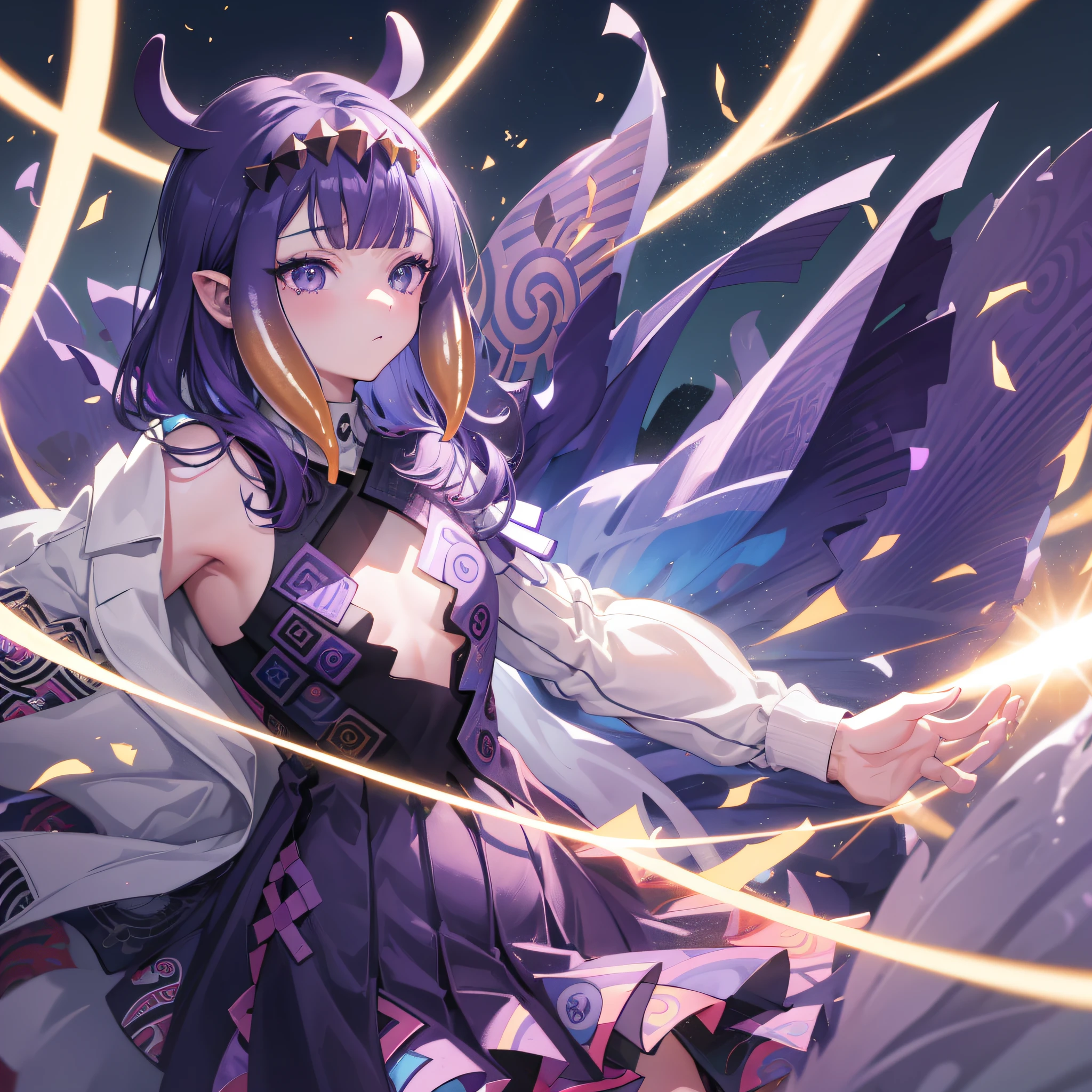 (人物: Ninomae Ina'Nis), {purple hair}, tentacle hair, purple eyes, {{masterpiece}}, best quality, extremely detailed CG unity 8k wallpaper, cinematic lighting, lens flare, beautiful detail eyes, side glance, colorful light, particles, a girl, solo, with a takodachi